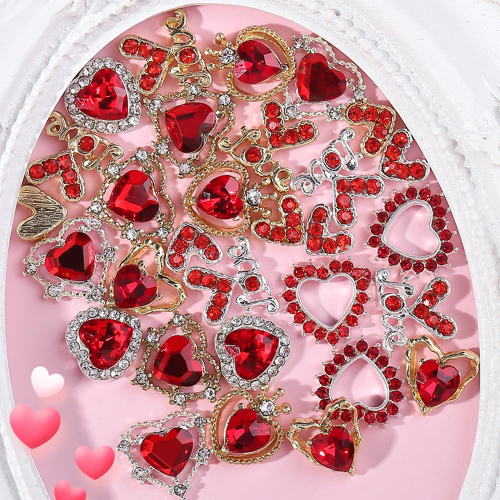 30 Pcs Valentine’s Day Nail Charms 3D Alloy Nail Art Charms 3D New Heart Love Shape Red Valentine's Day Gems Design for Manicure Craft DIY Diamond Nail Rhinestone Manicure Accessories