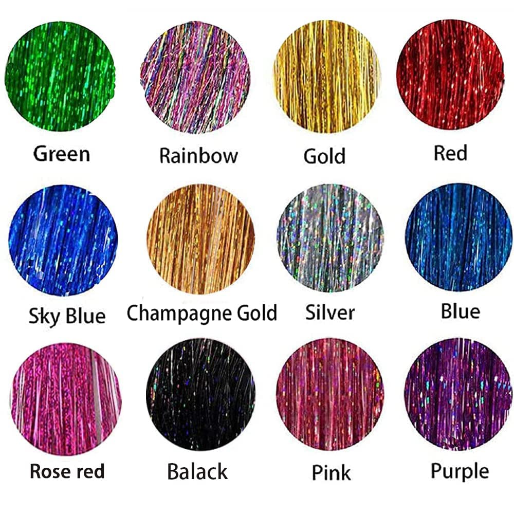 Hair Tinsel Kit, Fairy Tinsel Hair Extensions With Tool 3200 Strands 12 Colors Holographic Hair Tinsel Heat Resistant Sparkling Hair Glitter for Christmas New Year Party (12 Colors, 3200 Strands 48