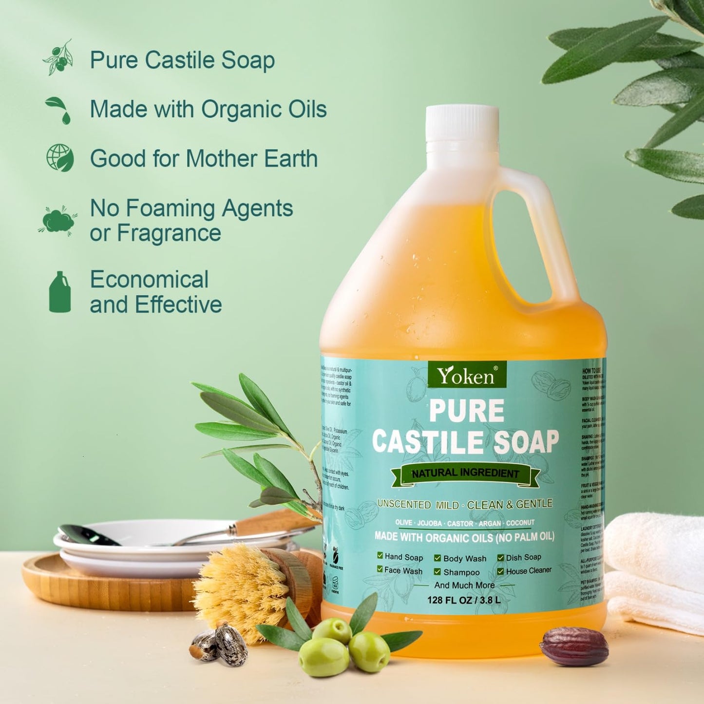 Yoken Castile Soap Liquid EWG Verified(1 Gallon, Unscented) Pure-Castile Liquid Soap for Body, Face, Hand, Pets, Laundry, Dish Soap and More - Made With Organic Oil, Vegan, Clean & Gentle, Versatile