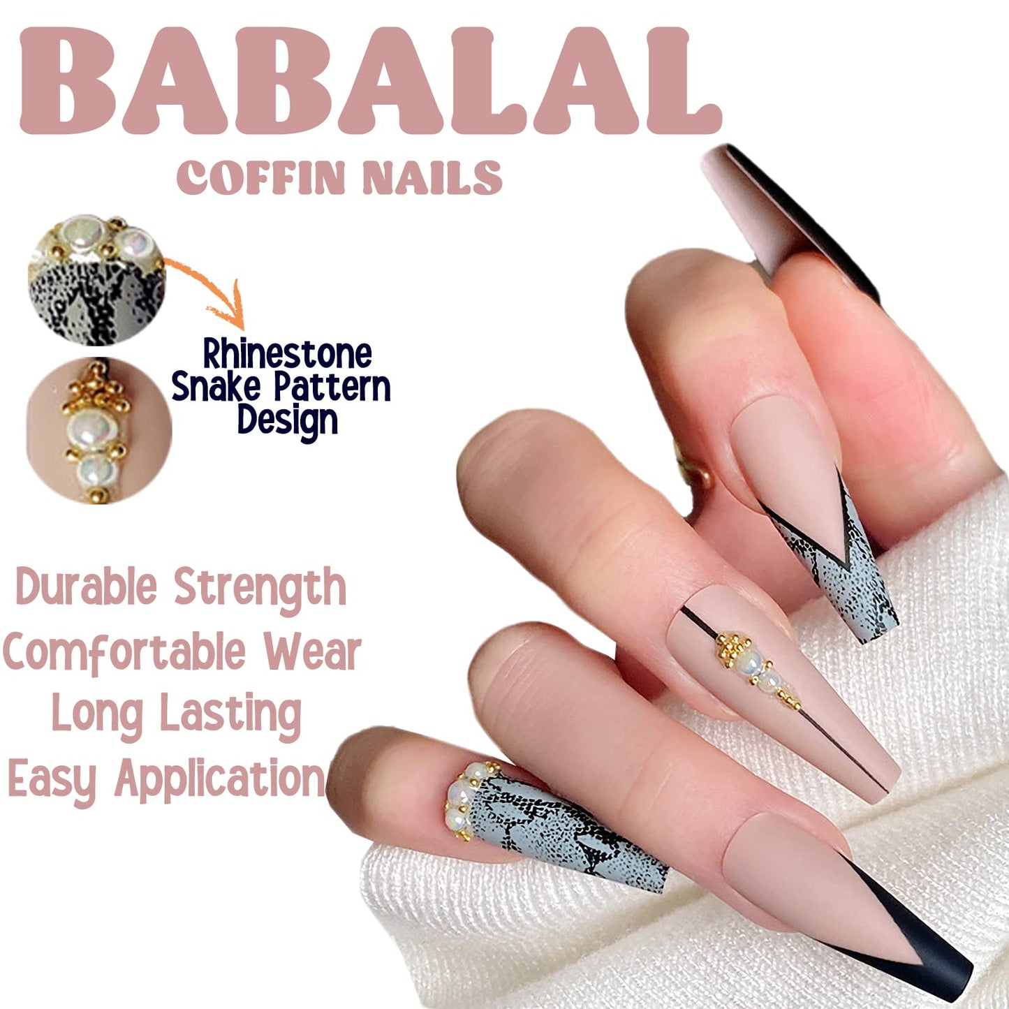 BABALAL Long Press on Nails Matte False Nails Coffin Fake Nails Ballerina Nails Snake Glue on Nails for Women and Girl