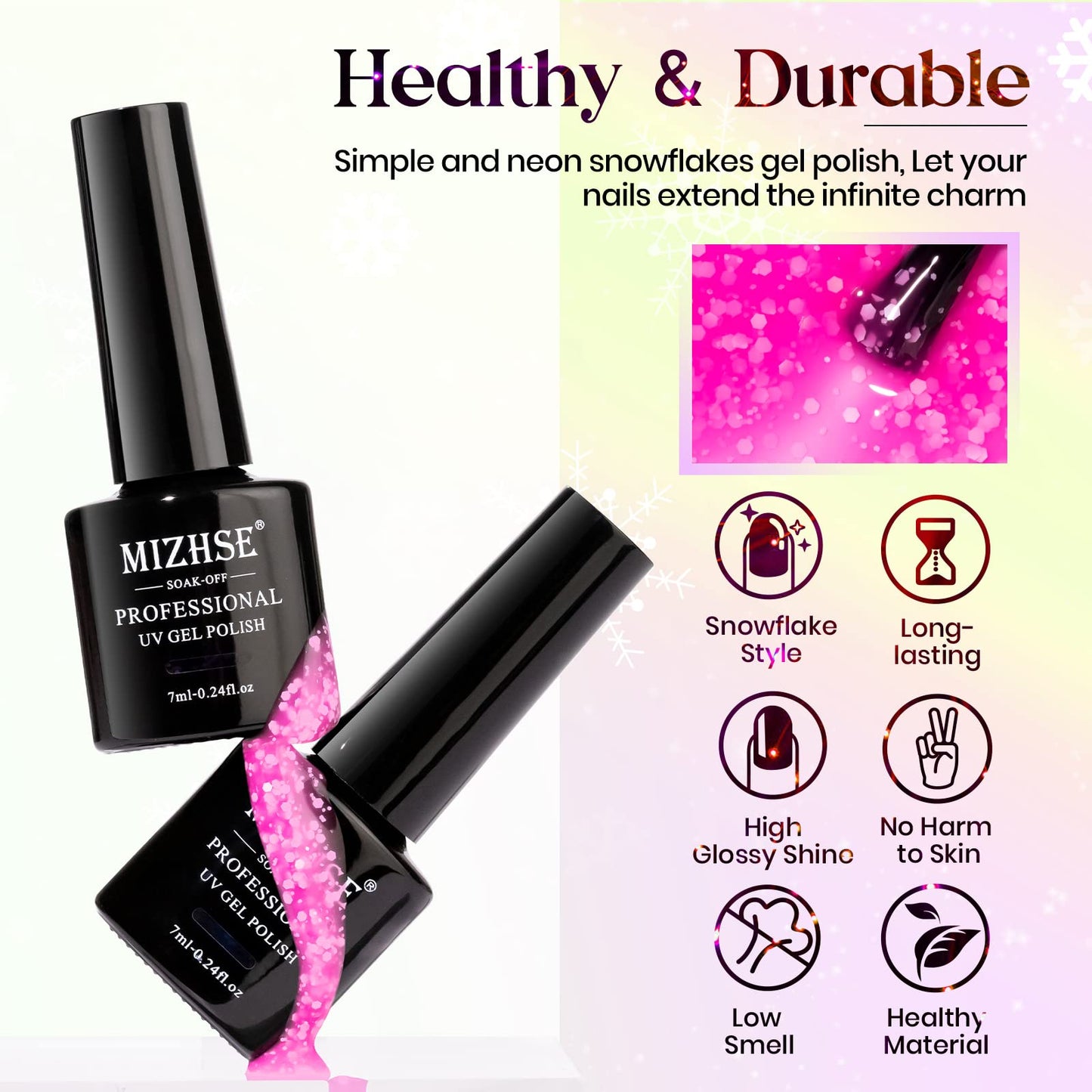 MIZHSE Neon Snowflake Gel Polish Set - 8 Colors Summer Hot Pink Neon Bright Macaron Candy Jelly Nail Polish Gel Popular Soak Off LED Nail Art Manicure DIY for Nail Salon