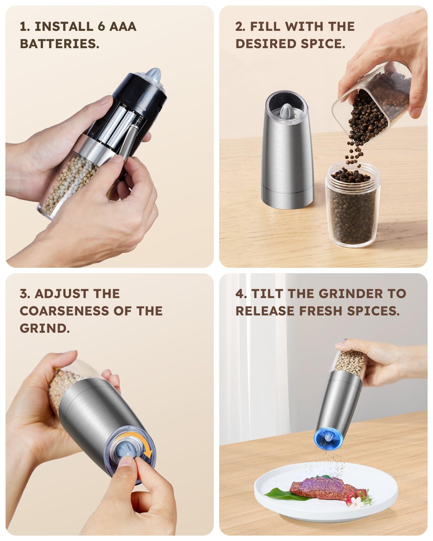 Sangcon Gravity Electric Pepper and Salt Grinder Mill Set Automatic Shakers Grinder with LED Light, Battery Powered Adjustable Coarseness One Hand Operation, Upgraded Larger Capacity