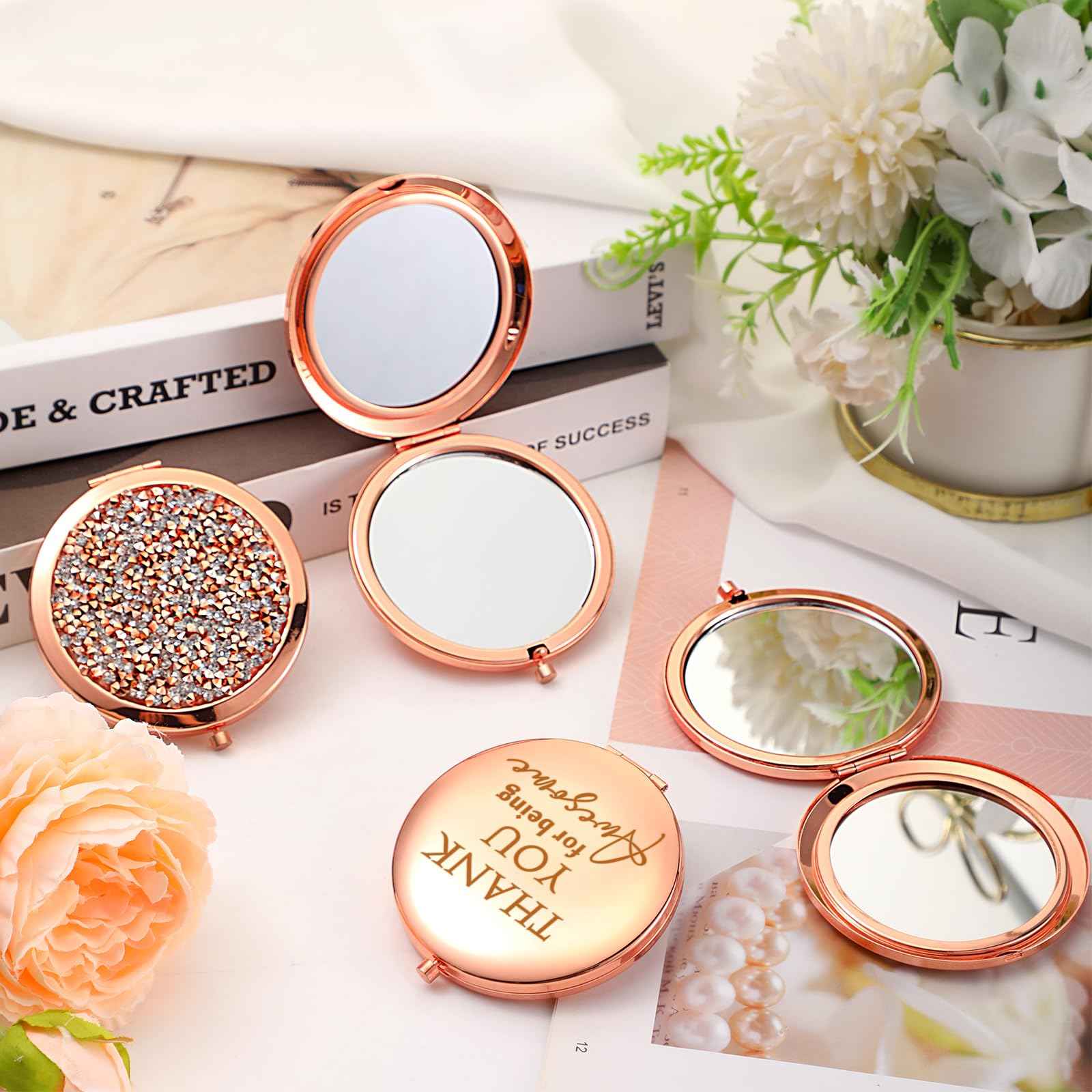 Kathfly 10 Pcs Thank You Gifts for Christmas Thanksgiving Women Mom Inspirational Compact Mirror Employee Appreciation Gifts Motivational Magnifying Pocket Mirror for Teachers(Rose Gold)