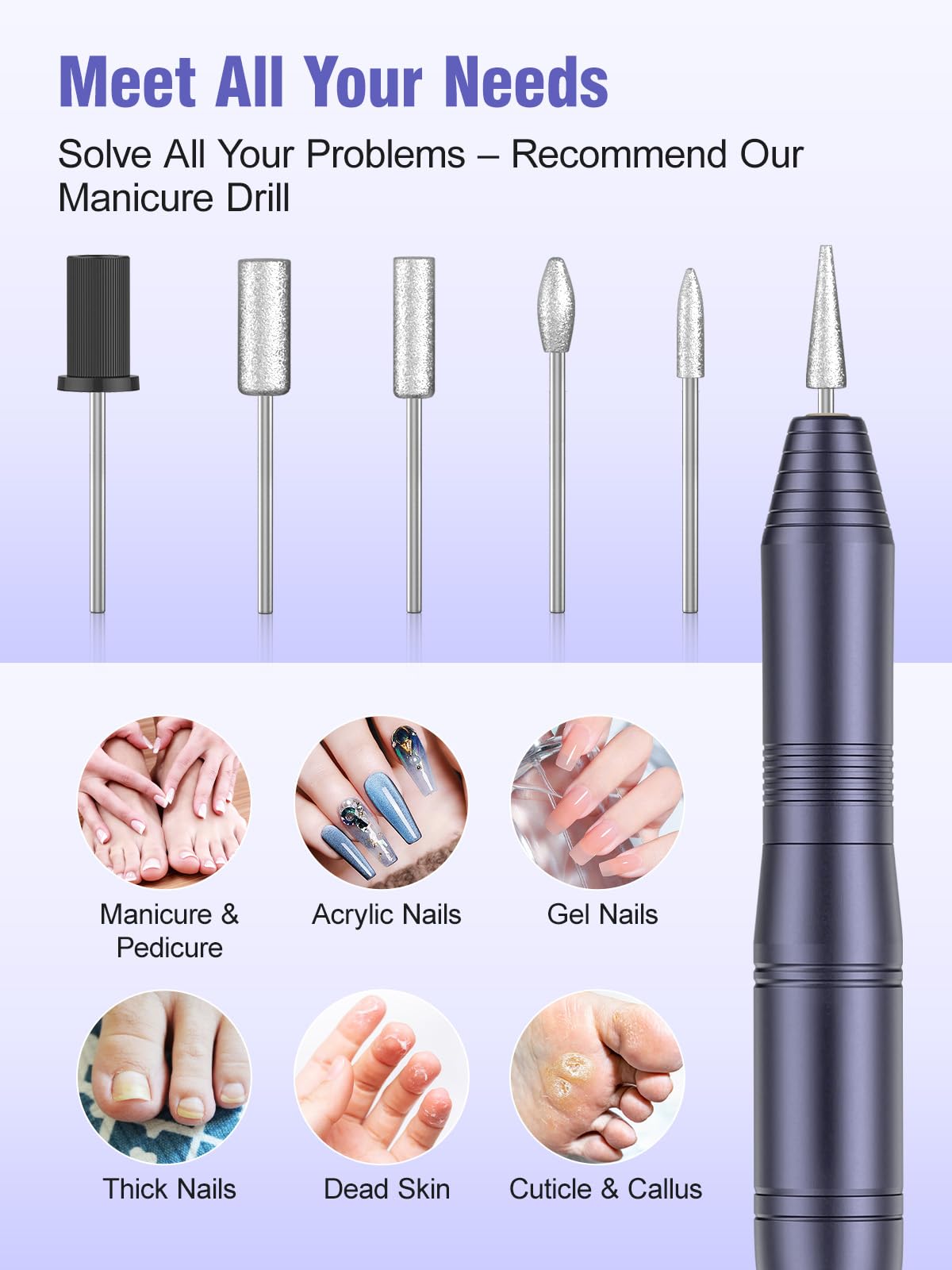 Professional Nail Drill Nail Filer Electric Set for Acrylic Nail Kit，Portable 20000 RPM USB Electric Nail Drill Polishing Manicure Tools for Beginners with Everything, Grey