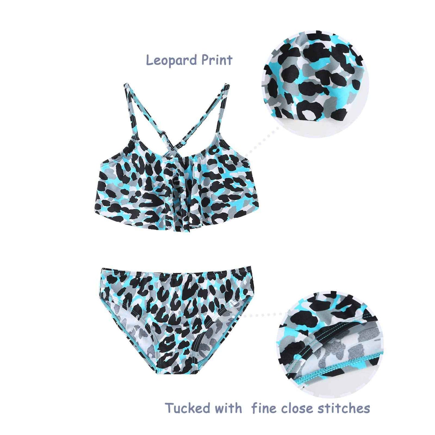 Girls Two Piece Swimsuits Bikini Bathing Suit Hawaiian Ruffle Swimwear Set for Kids Blue Leopard Size 12/10-12