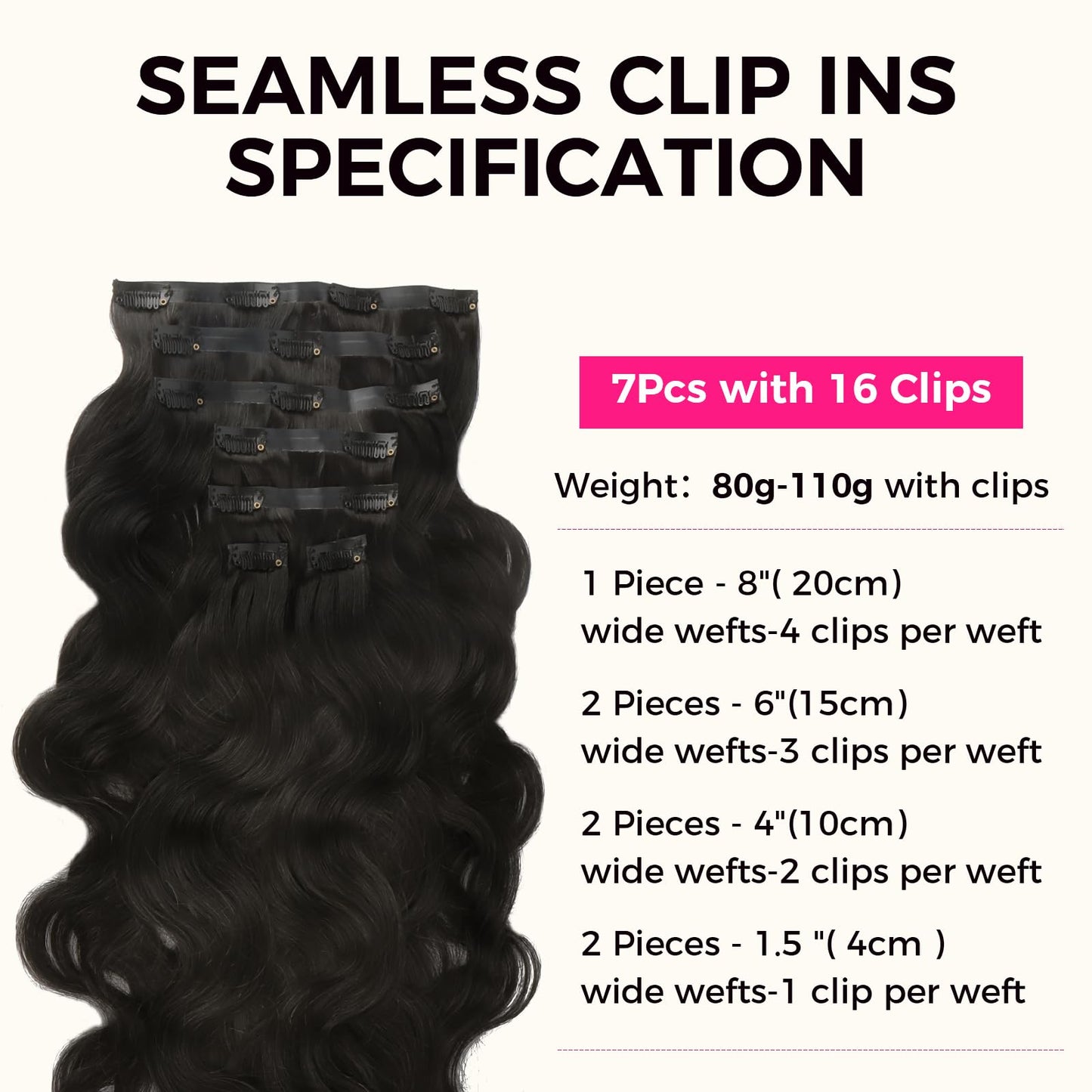 Lashey Seamless Clip in Hair Extensions Remy Human Hair Extensions, 110g 7pcs Body Wave Natural Black Clip in Hair Extensions 100% Real Soft Human Hair Natural Black Human Hair Extensions 14 Inch