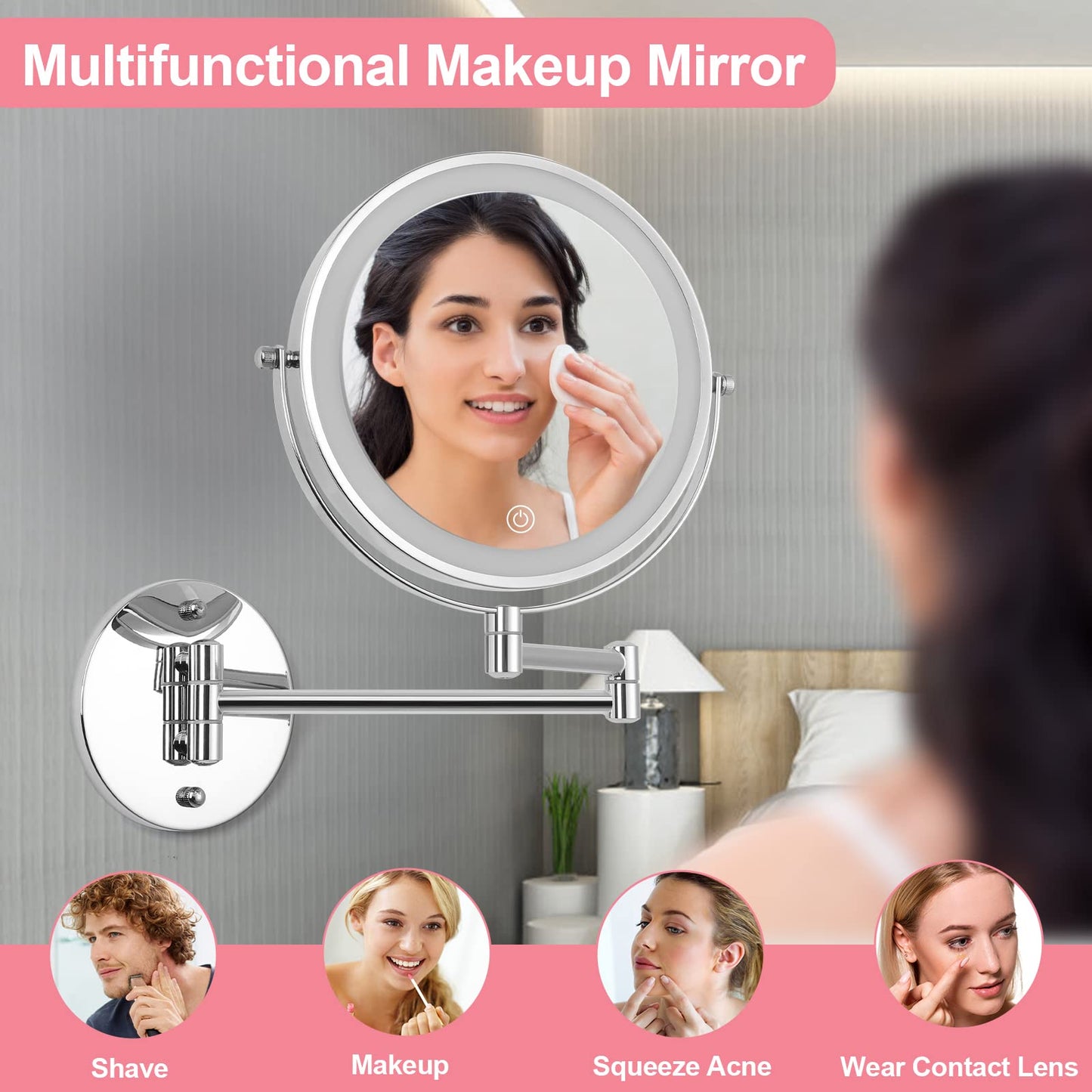 FFowcye Wall Mounted Makeup Vanity Mirror with Lights, 8” Double Sided 1X/10X Wall Mount Magnifying Bathroom Shaving Mirror with 3 Color Lights, Rechargeable Touch Dimmable Extendable Cosmetic Mirror