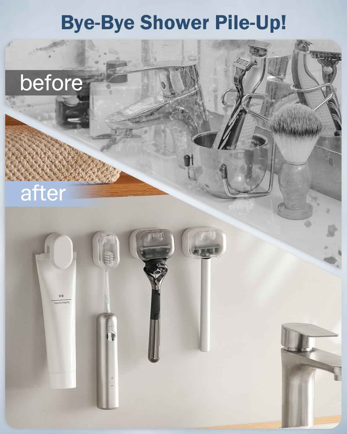 BEZOX Wall Mounted Razor Holder (2-Pack) – Auto-Closing Dust Cover, No-Drill Adhesive Mount Razors Hanger for Shower & Bathroom – Sleek Razor Stand for Men, Safety Razor Organizer with Secure Hooks