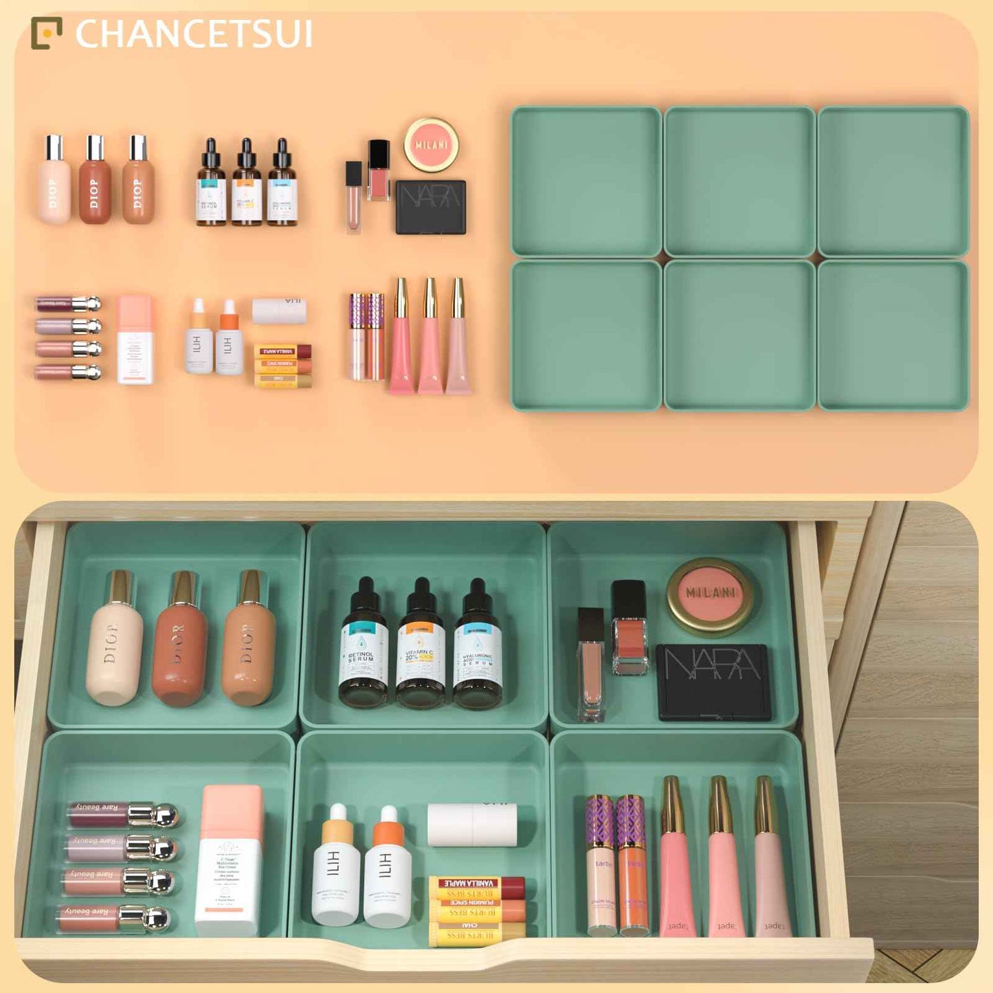 CHANCETSUI Square Makeup Countertop Organizer Holder : Stackable Vanity Trays for Bathroom Storage