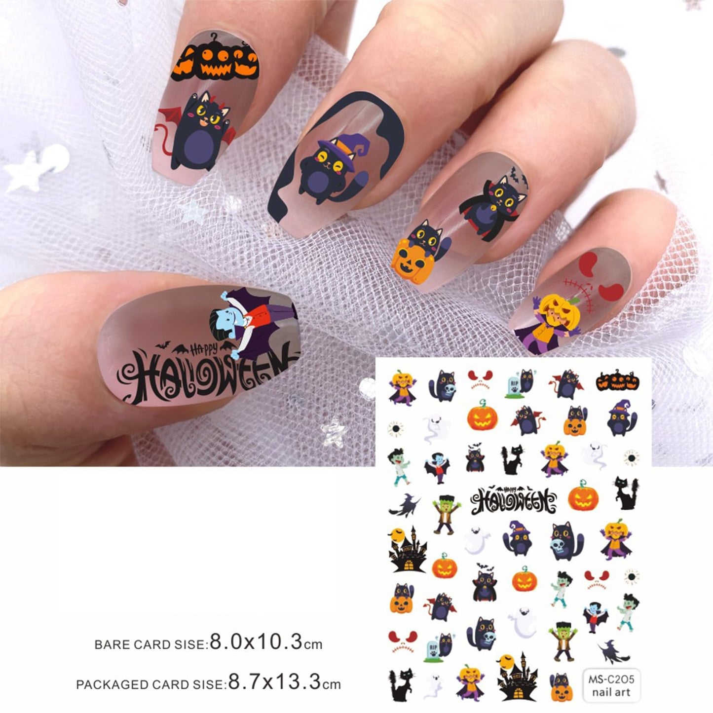 6 Sheets Halloween Cute Nail Art Stickers Decals 3D Self-Adhesive Pegatinas Uñas Cute Pumpkin Nail Decals Cat Bat Skull Spider Web Candy Designs Nail Decorations DIY Manicure Supplies for Women