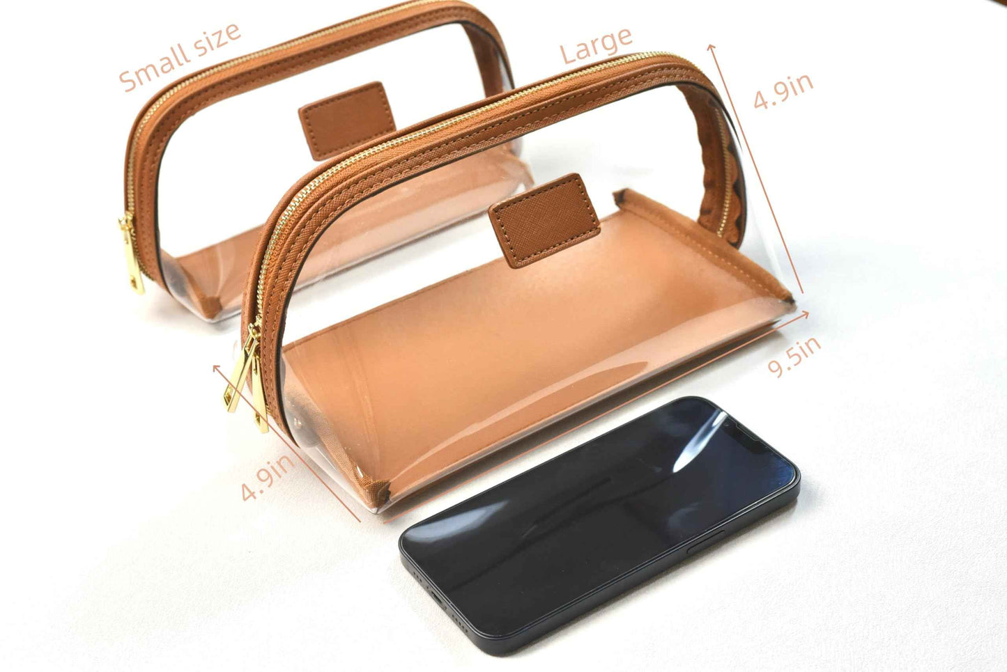 CONLINGDA Clear Makeup Bag, Leather Makeup Case, Travel Toiletry Bag, Portable Cosmetic Bag, Transparent Waterproof Cosmetic Organizer Storage Bag (Brown, Large)