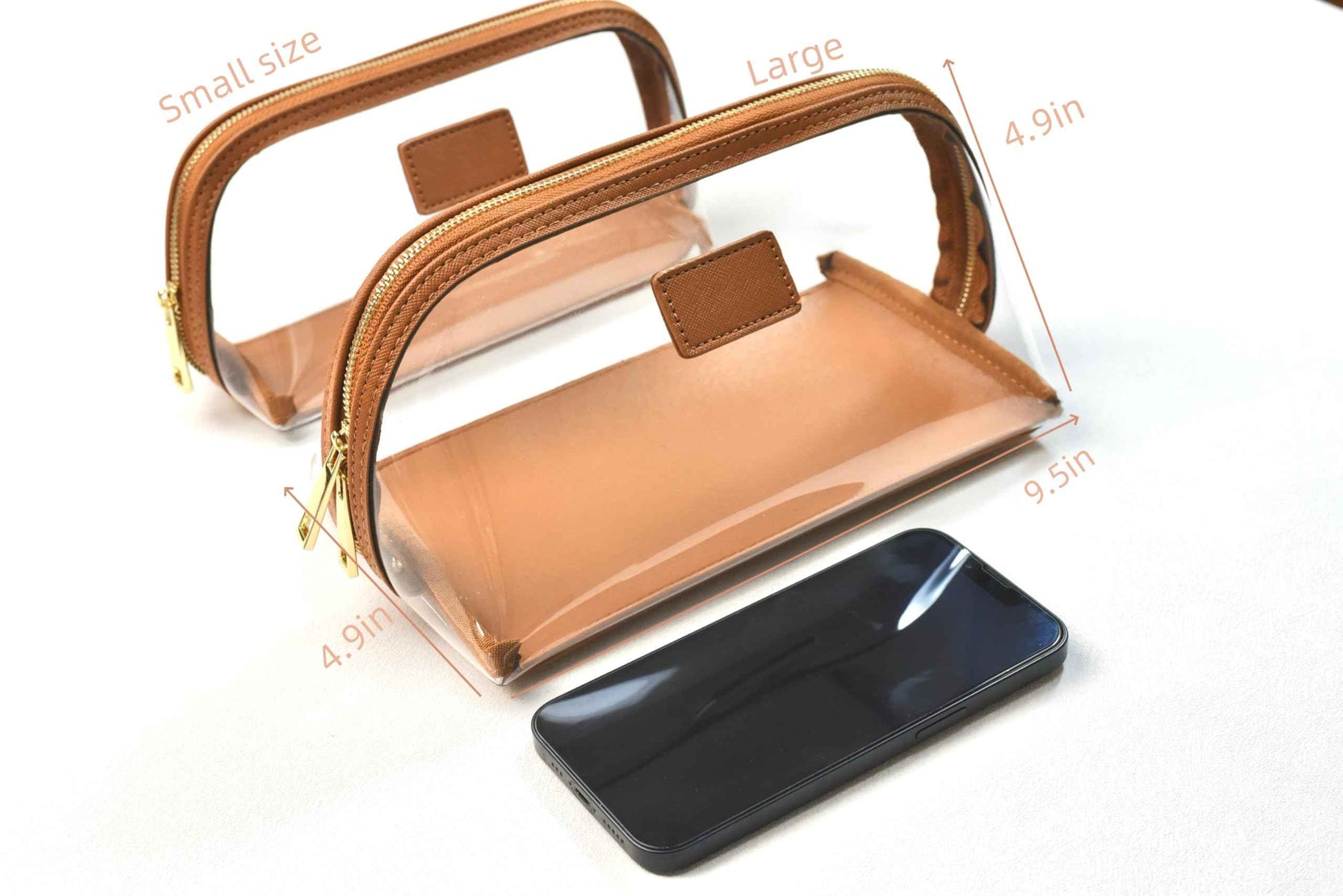 CONLINGDA Clear Makeup Bag, Leather Makeup Case, Travel Toiletry Bag, Portable Cosmetic Bag, Transparent Waterproof Cosmetic Organizer Storage Bag (Brown, Large)