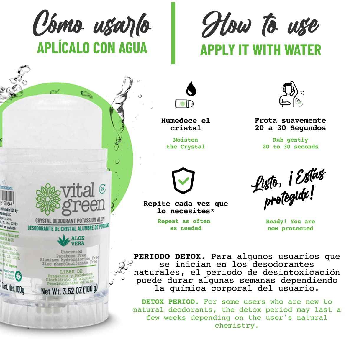 Vital Green Crystal Potassium Alum Deodorant with Aloe Vera – Unscented Mineral Deodorant for Sensitive Skin - 3.53 oz / 100 g (3 Units)