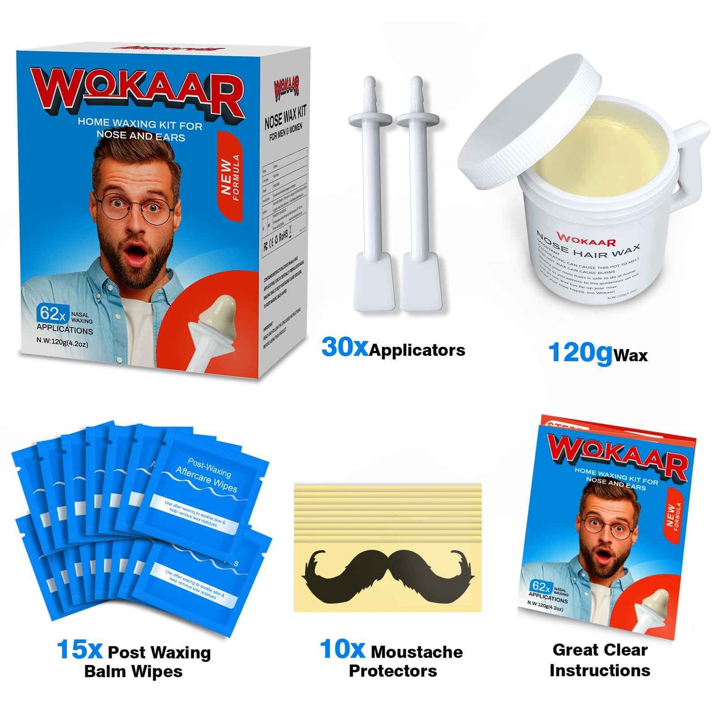 Super Nose Wax Kit Men,120g Wax, 30 Applicators | Ear & Nose Hair Removal Waxing Kit for Women | Includes 15 Balm Wipes & 10 Mustache Guards | Lasts 6 Weeks | Nasal Waxing Kit for Gift