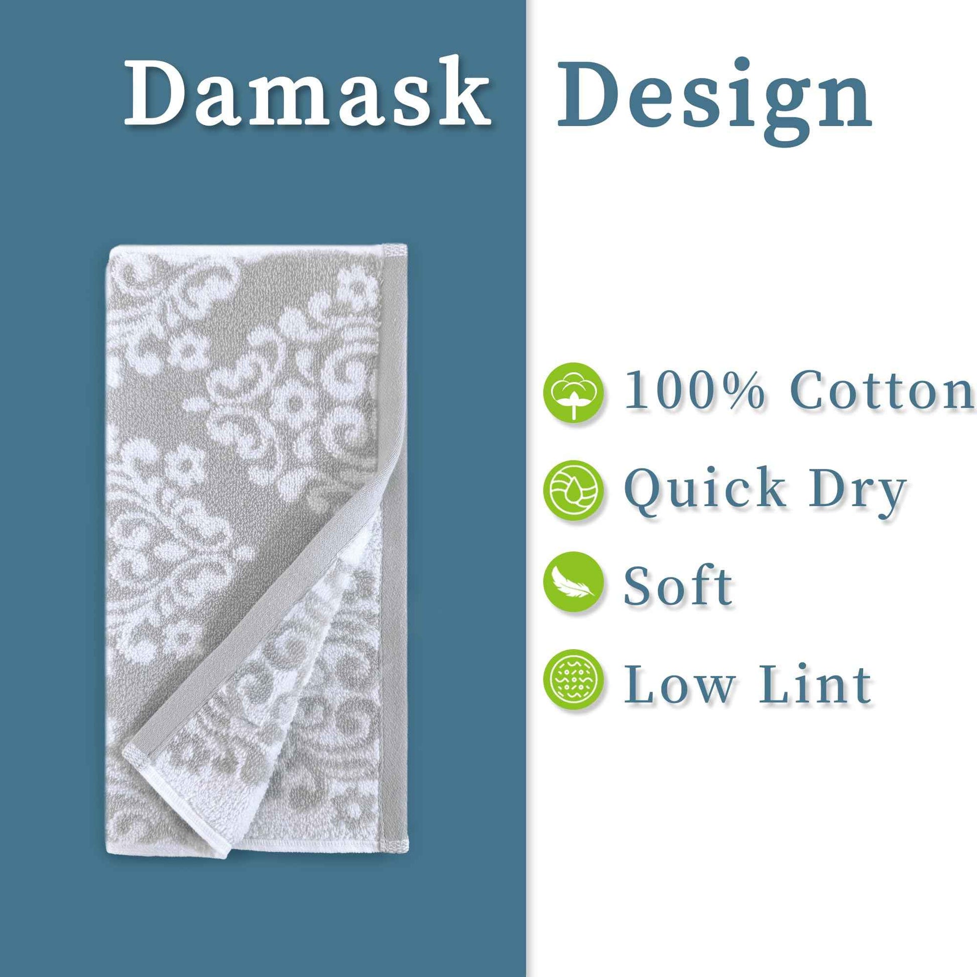 Gray Wash Cloths, Jacquard Washcloths 6 Pack 13"x13" - 100% Cotton | Quick Dry | Thick | Soft | Absorb, Luxury Face Towels for Bathroom & Showering, Jacquard Washcloth Set, Grey + White Damask Pattern