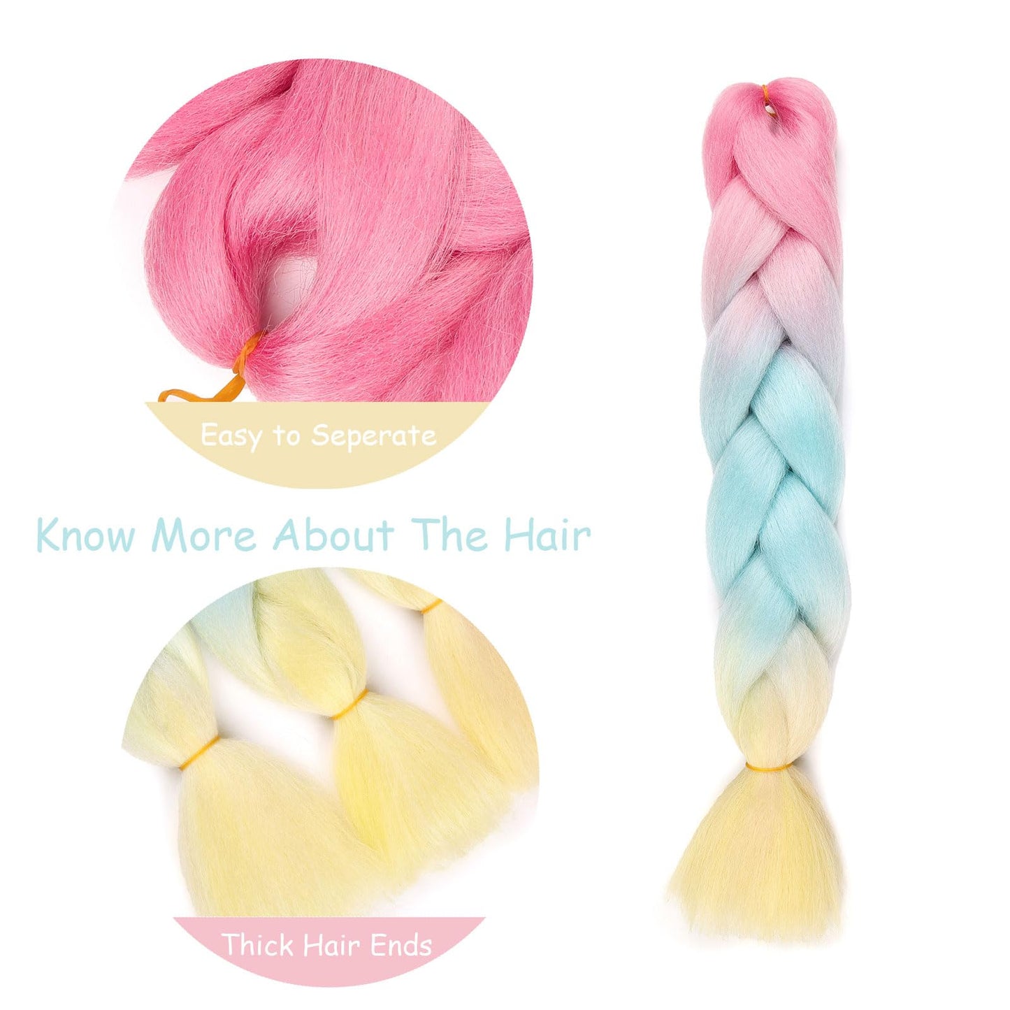 Pink Blue Yellow Braiding Hair Extensions Ombre Braiding Hair 6 Packs 24 inch Synthetic Hair for Braiding