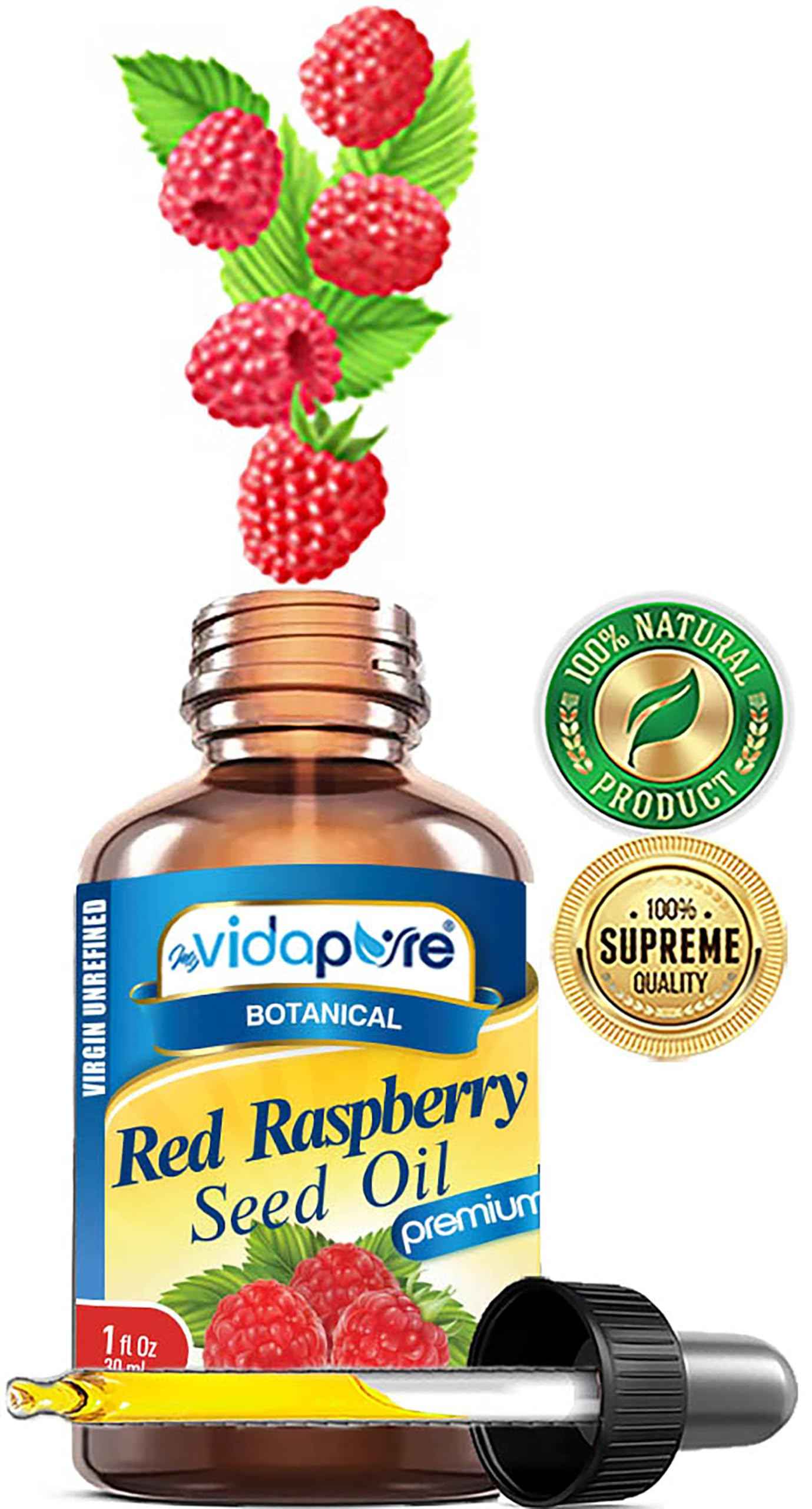 MYVIDAPURE RED RASPBERRY SEED OIL Rubus idaeus WILD GROWTH RAW 100% Pure VIRGIN UNREFINED Undiluted for Skin, Face, Hair, Lip and Nail Care. (1 Fl Oz)