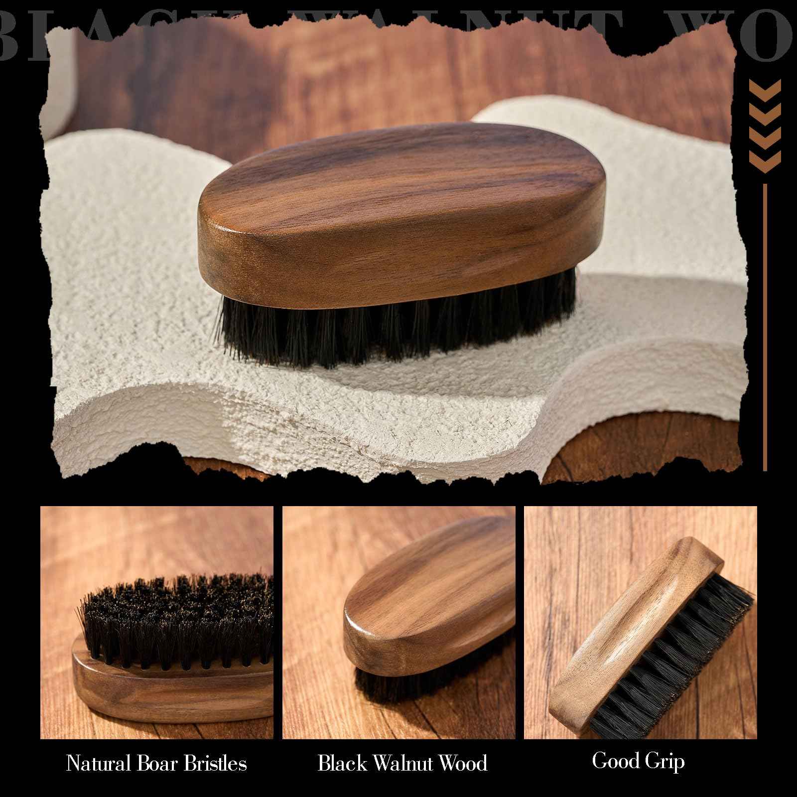 Hushee 6 Pcs Boar Bristle Beard Brush for Men's Mustache Care, 3.35 Inch Small Boar Hair Beard Brush with Black Walnut Wood for Travel, Mens Birthday Gifts for Husband, Son, Father, Grandpa