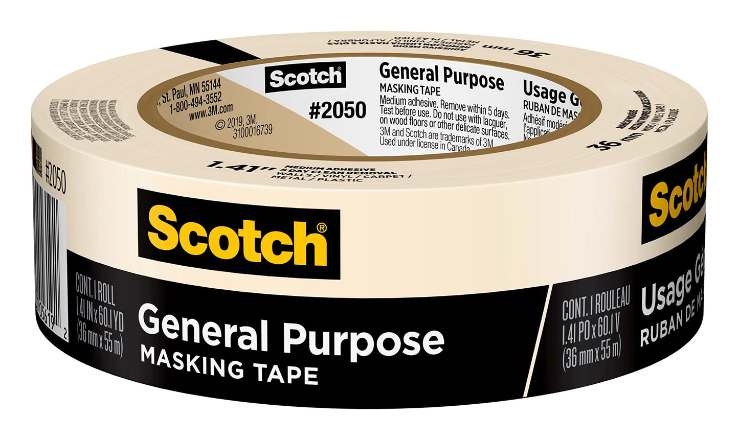 Scotch General Purpose Masking Tape, Tan, Tape for Labeling, Bundling and General Use, Multi-Surface Adhesive Tape, 1.41 Inches x 60 Yards, 1 Roll