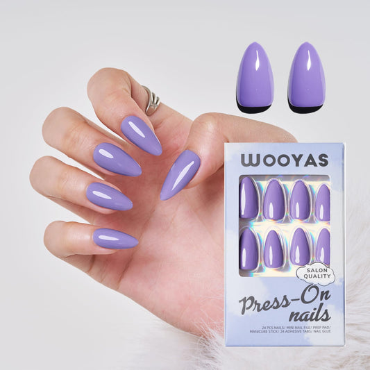 Press on Nails Medium,Light Purple Almond Stiletto Glossy Handmade Gel False Nails,Reusable Salon Perfect Fake Nail Kit in 12 Sizes - 24 Pcs Pure Color Glue On Nails Kit for Women Gift