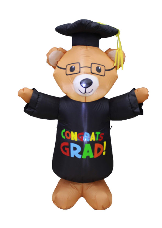 4 Foot Tall Graduation Inflatable Brown Teddy Bear with Cap and Gown Glasses Pre-Lit LED Lights Outdoor Indoor Lawn Yard Holiday Decoration Blow up Home Garden Decor