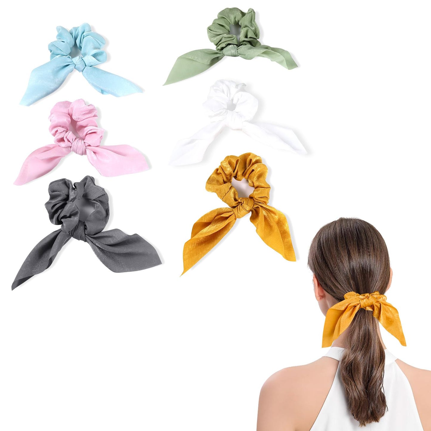 6 PCS Bow Hair Scrunchies Bunny Ears Silk Scrunchies Hair Ties, Bobbles Elastic Hair Ties Ropes Ponytail Holder, Women Teen Girl Stuff Hair Accessories, Gift Headdress Decor, Back to School Outfits