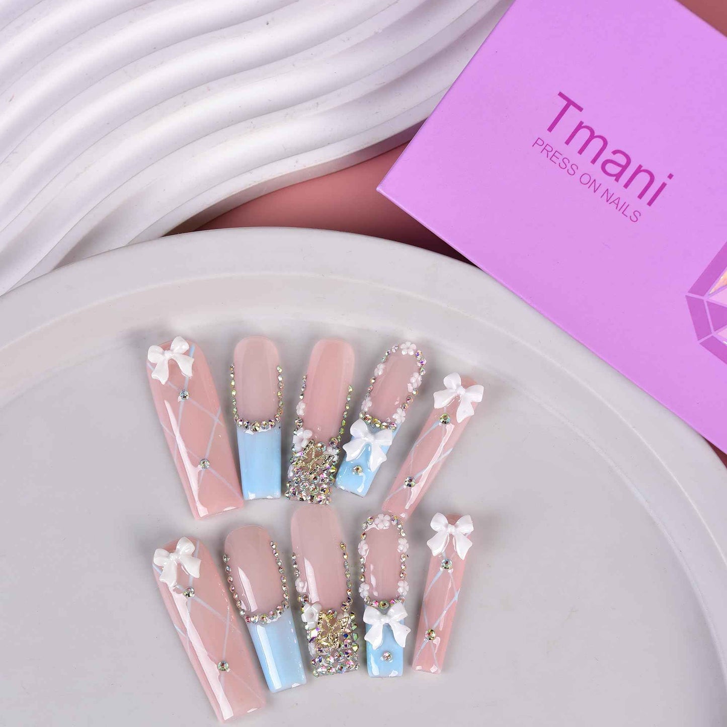 Tmani 10pc/set Extra Long Handmade Press On Nail Hot Girl's Long Ballet Square Nail Full of Diamond Glitter Decoration Fake Nails Suitable For Girls Festival Parties and Birthday Gift（238,Size-S)
