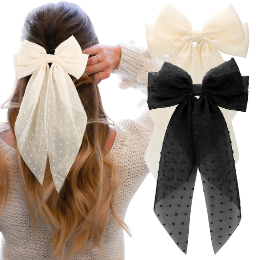 Large Hair Bows for Women,CEELGON 2PCS Big Bow Clips for Girls French Barrette Bowknot with Long Tail for Women(Black,Beige)