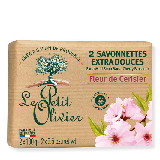 Le Petit Olivier Extra Mild Soap - Cherry Blossom - Gently Cleanses Skin - Delicately Perfumed - Vegetable Origin Based - 2 pc