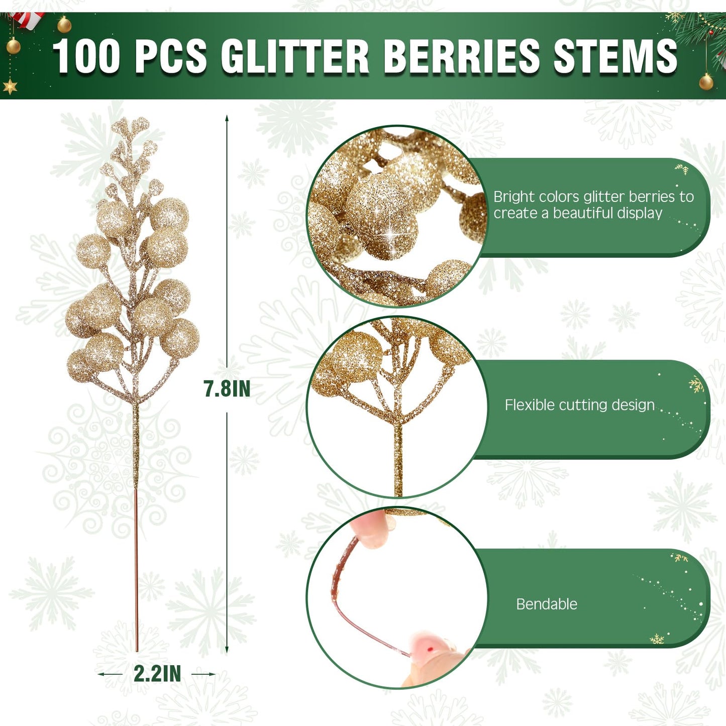 Hotop 100 Pcs Christmas Glitter Berries Stems 7.8 Inch Artificial Sparking Berries Stems Christmas Glitter Faux Berry Sprigs for Tree Ornaments Holiday Xmas Crafts Wreath Garland (Champagne)