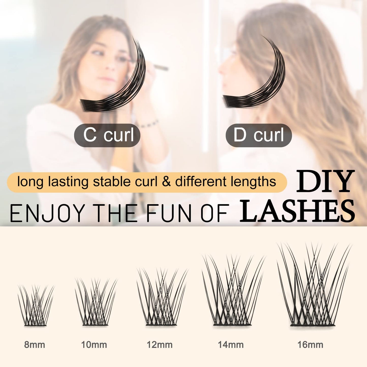 QUEWEL Cluster Lashes 72 Pcs Wide Stem Individual Lashes C/D Curl 8-16mm Length DIY Eyelash Extension False Eyelashes Natural&Mega Styles Soft for Personal Makeup Use at Home (Natural-C-MIX8-16)