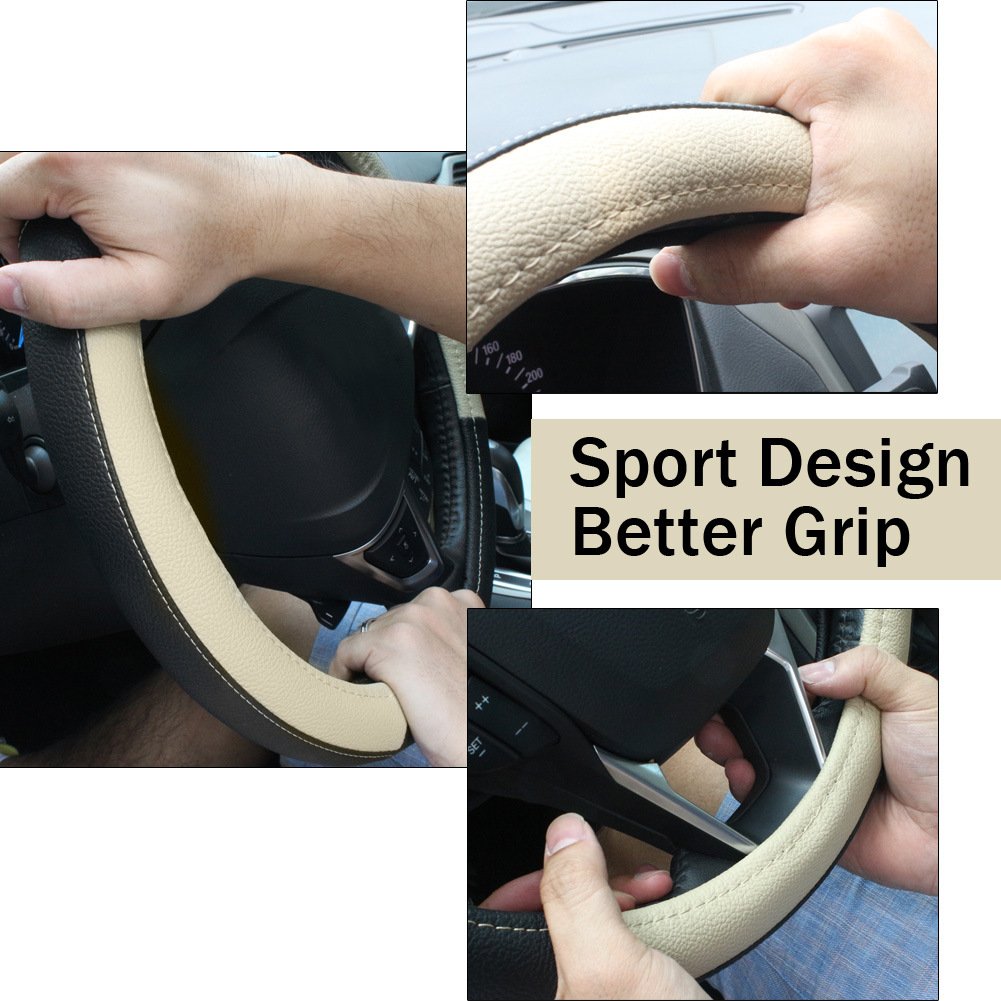 SEG Direct Car Steering Wheel Cover Universal Standard Size 14.5-15 inch, Black and Beige Microfiber Leather