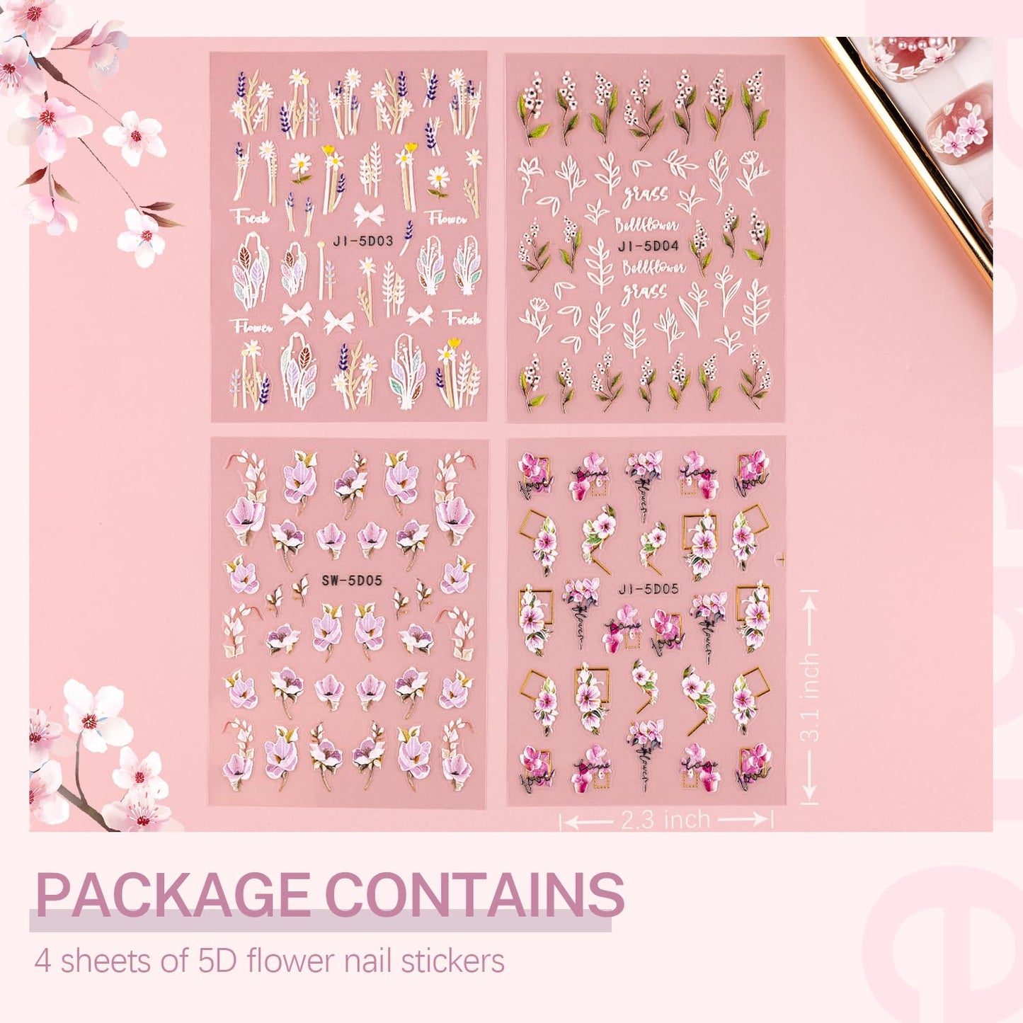 4 Sheets 5D Flower Nail Stickers for Nail Art, Embossed Nail Decals Self Adhesive Nail Art Stickers, Pink White Floral Leaf Cherry Blossom Nail Decorations Accessories for Women Girls Spring Summer