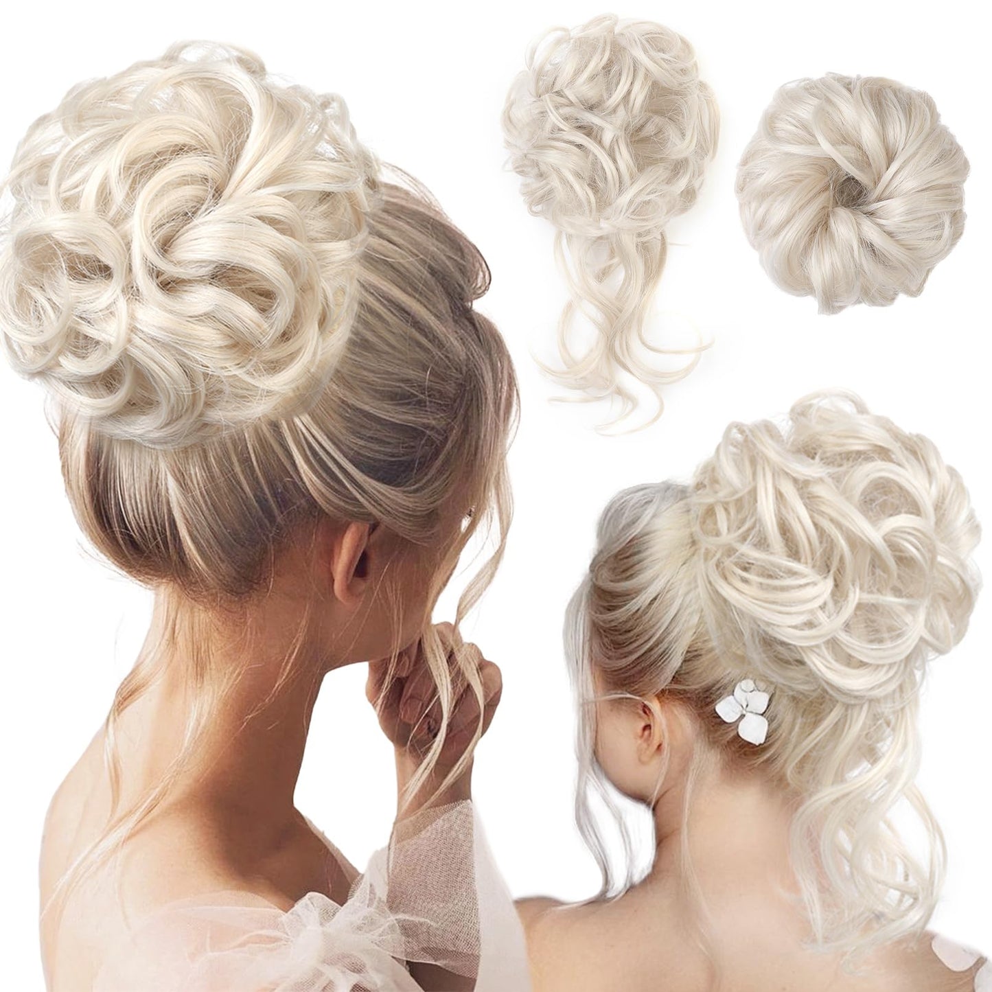 REECHO Messy Bun Hair Piece, 2 Styles Classic Tousled Updo Elastic Hair Bun Scrunchies Fake Hair Bun Donut Ponytail Extensions Messy Hair Bun Accessories for Women - Platinum Blonde