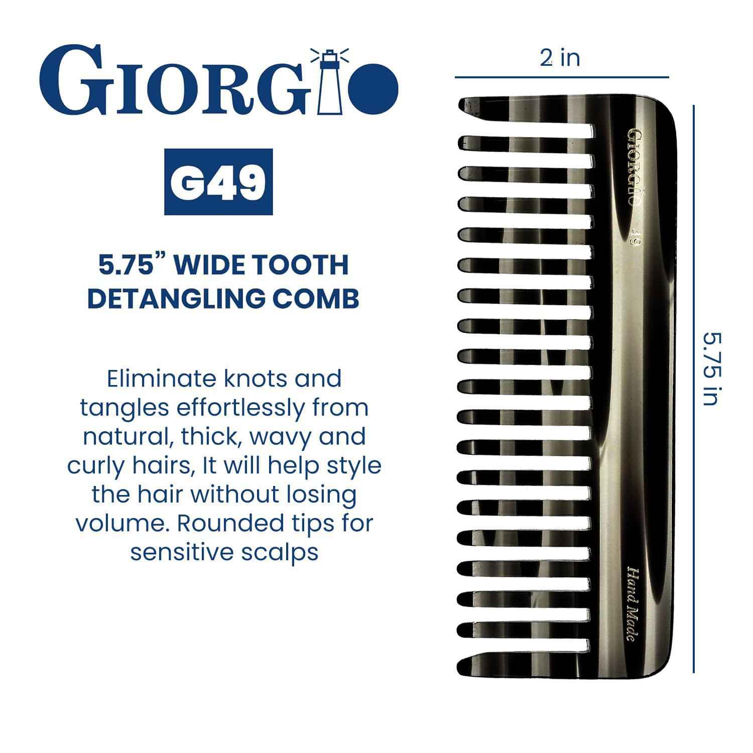 Giorgio G49 Graphite Large 5.75 Inch Hair Detangling Comb, Wide Teeth for Thick Curly Wavy Hair. Long Hairs Detangler Comb For Wet and Dry. Handmade of Quality Cellulose, Saw-Cut, Hand Polished