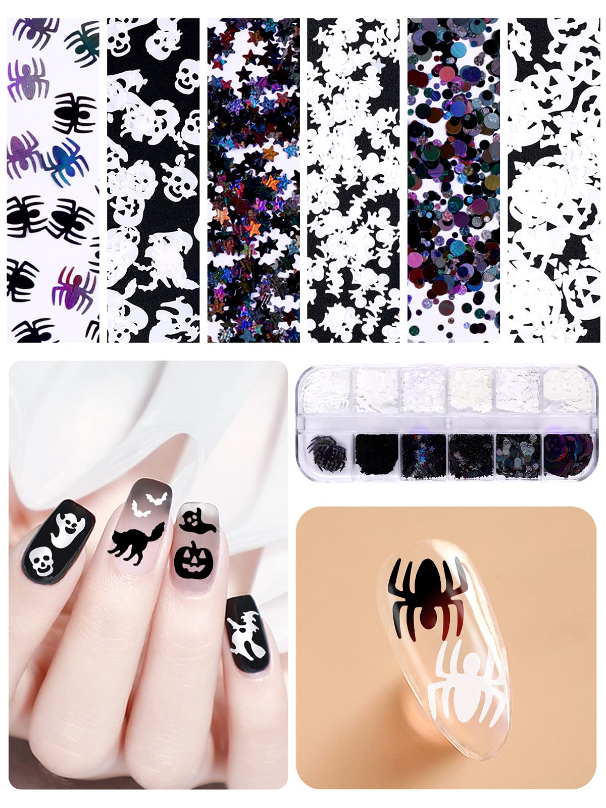 EBANKU 4 Boxes Halloween Nail Art Glitter Sequins, 3D Holographic Skull Spider Pumpkin Bat Ghost Witch Shape Nail Glitter Flakes, Laser Sequins for Nails Design Halloween Party