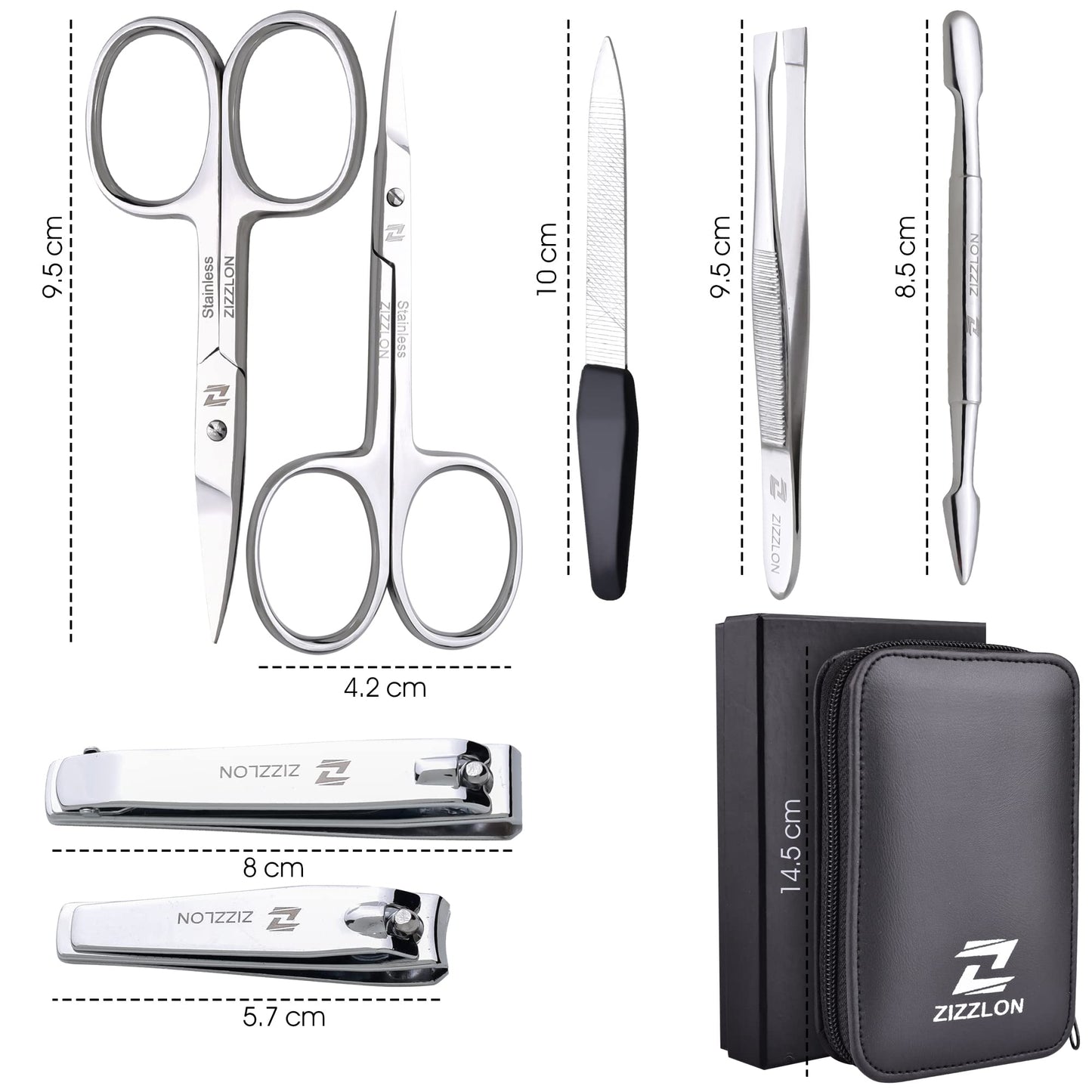 ZIZZLON Manicure Set - Cuticle Scissors, Nail and Eyebrow Scissors, Nail Clippers, Cuticle Pusher, Nail File, Eyebrow Tweezers - Professional Mens Grooming Kit (7 in 1)