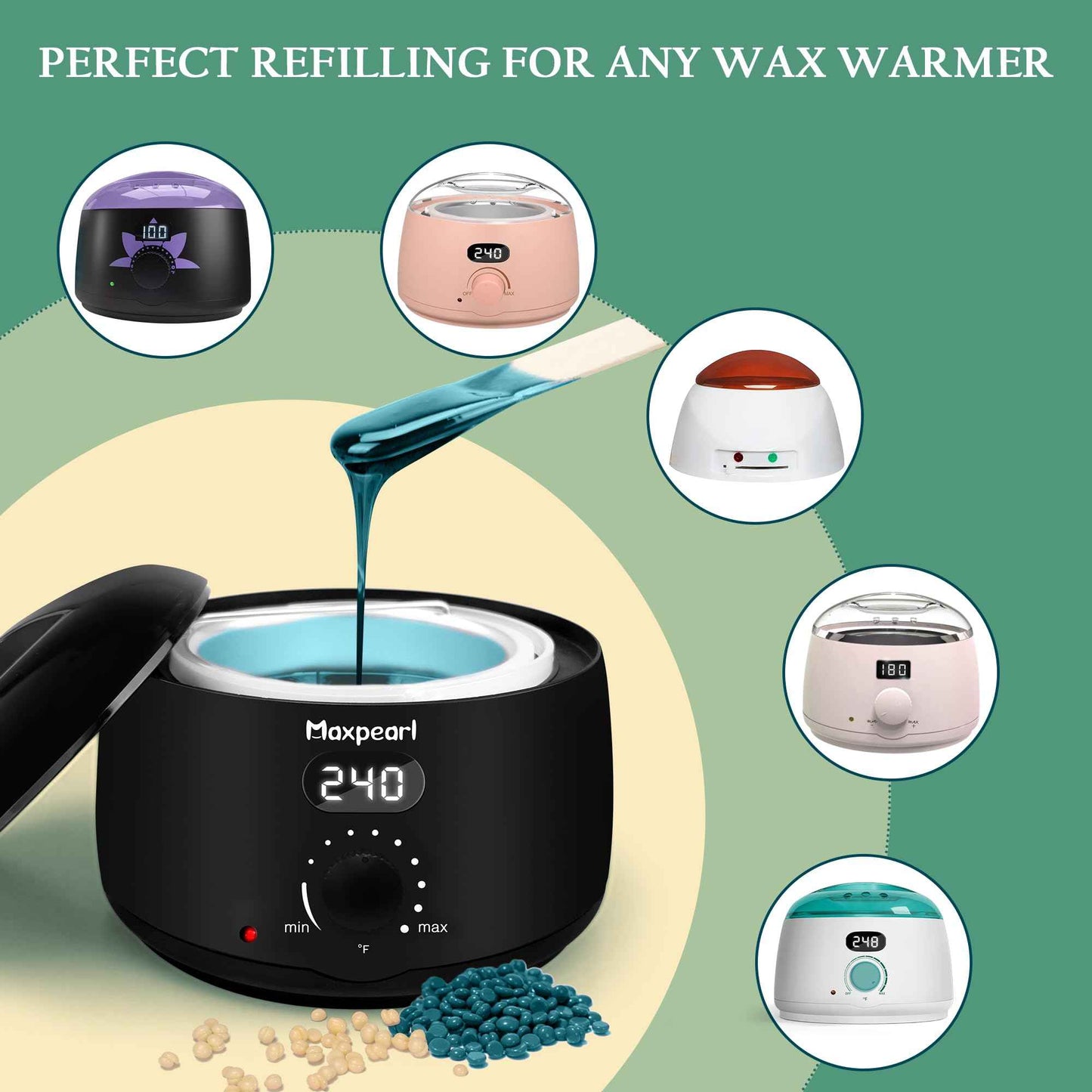 Maxpearl Hard Wax Beads Pack of 9 - Brazilian, Bikini Waxing, Face, Eyebrows, Underarms, Arms, Chest, Back, Legs, Jasmine, Coconut & Lavender Formula, 31.5oz