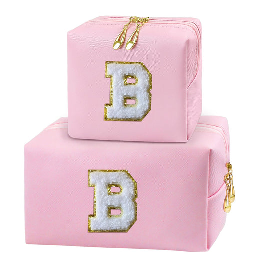 COSHAYSOO 2 Pieces Initial Makeup Bag Small Cosmetic Period Pouch Sanitary Napkin Storage PU Leather Puffy Letter Patch for Teen Girl Friend Bridal Shower Bride Wedding Team Bridesmaid Gift Pink B