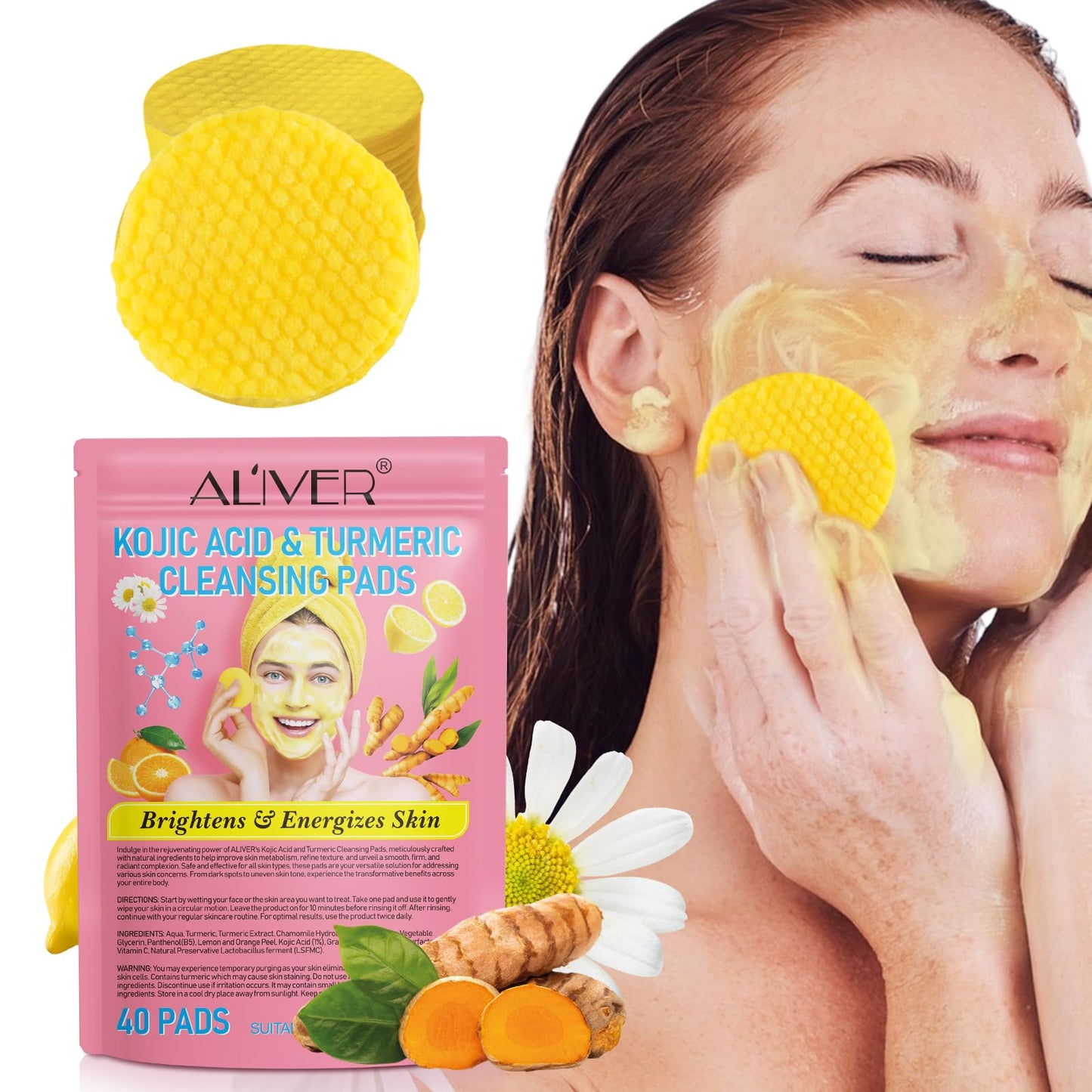 Turmeric Cleansing Pads, 40PCS Turmearic Cleansing Pads with Vitamin B5, Vitamin C, Turmeric Pads Infused Foaming Exfoliating Pads, Turmeric Lemon Chamomile Pads for Face