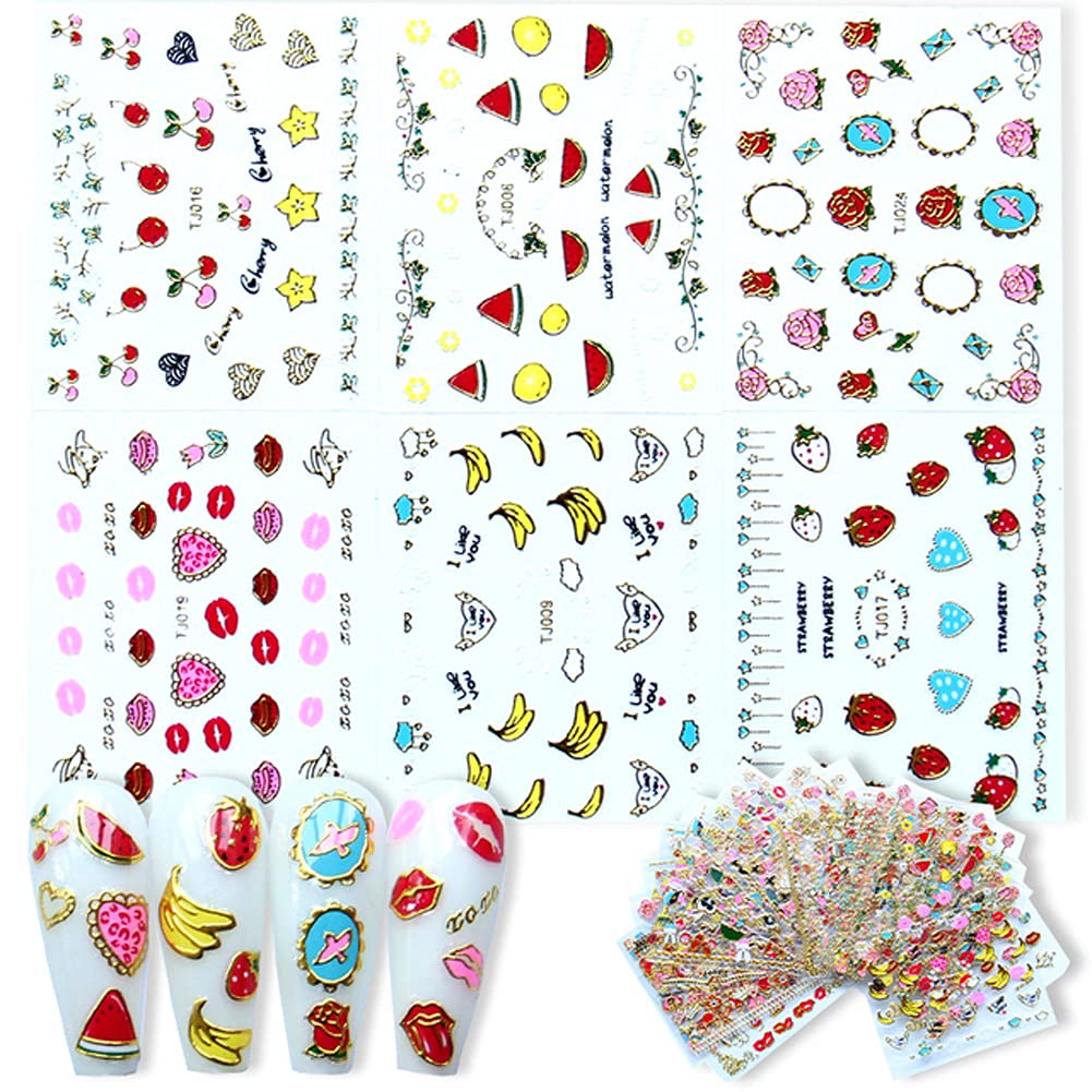 30 Sheets Valentine's Day Nail Stickers Flower Heart Nail Decals Fruit Cake Red Lip Series 3D Gold Nail Art Supplies Self-Adhesive Nail Art Design Sticker for Women Girl Manicure Decorations Accessory