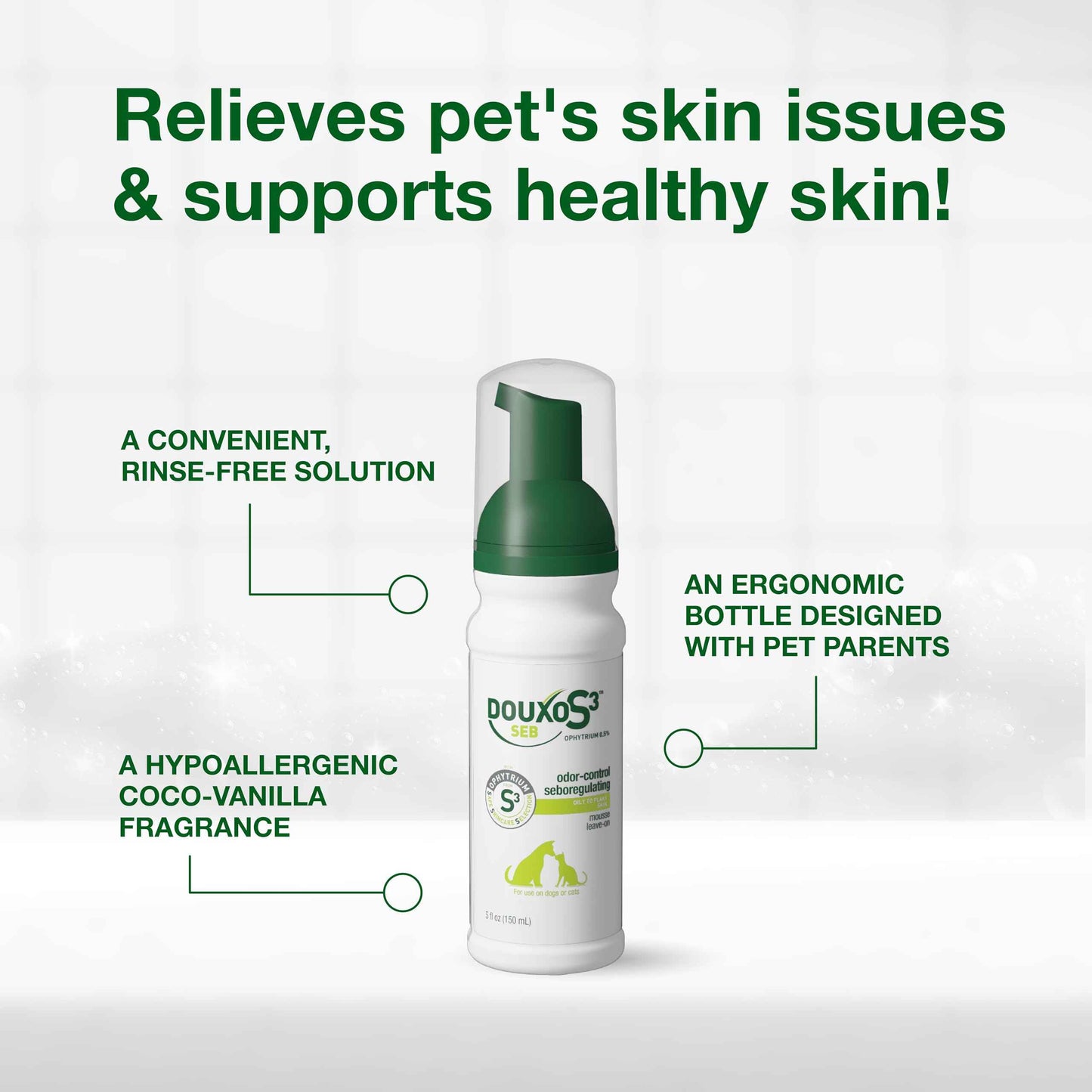 Douxo S3 Seb Mousse, Contains 0.5% Ophytrium, Odor Control & Seboregulating, For Oily to Flaky Skin, Seborrhea, For Dogs and Cats, 5.1 fl. oz. (150mL)