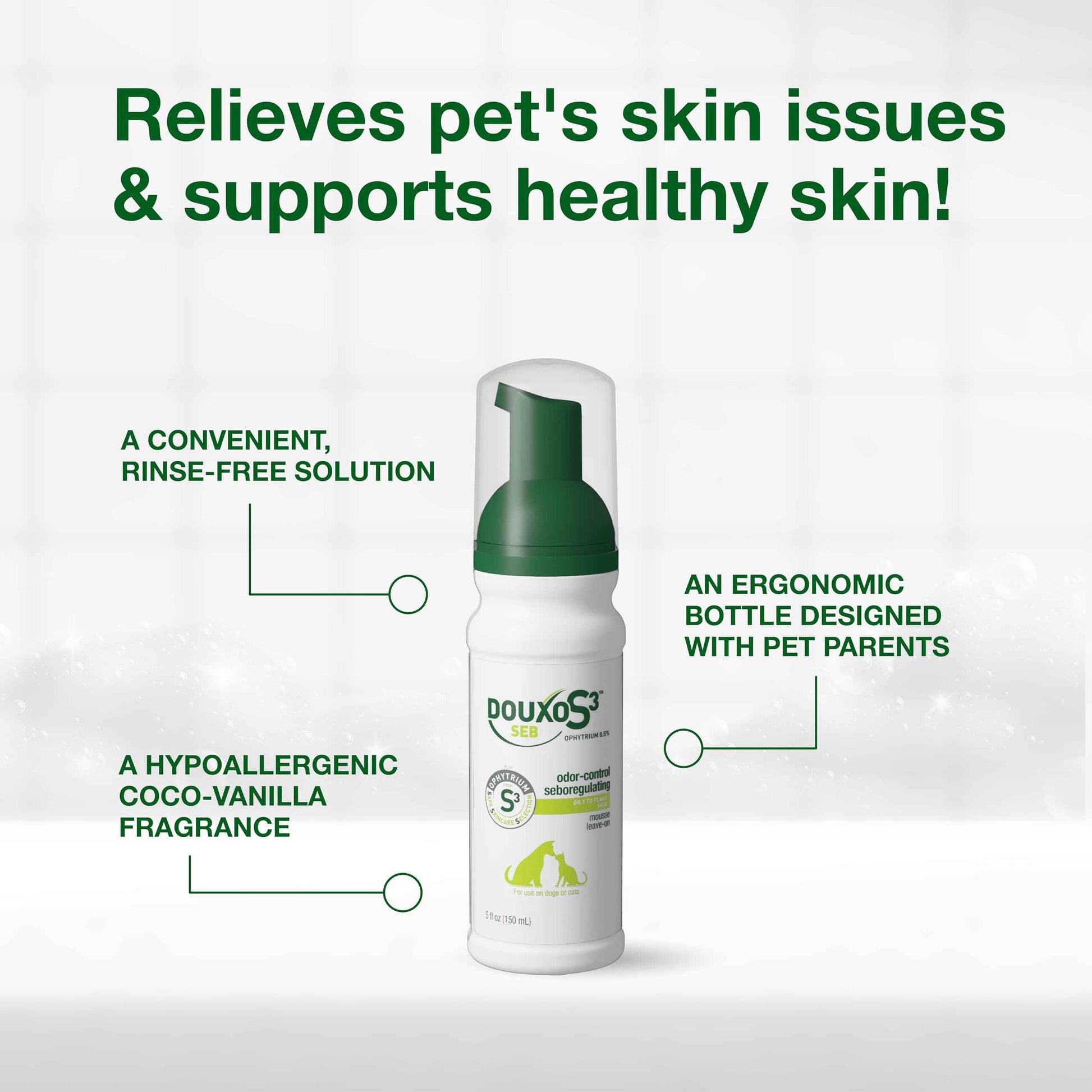 Douxo S3 Seb Mousse, Contains 0.5% Ophytrium, Odor Control & Seboregulating, For Oily to Flaky Skin, Seborrhea, For Dogs and Cats, 5.1 fl. oz. (150mL)