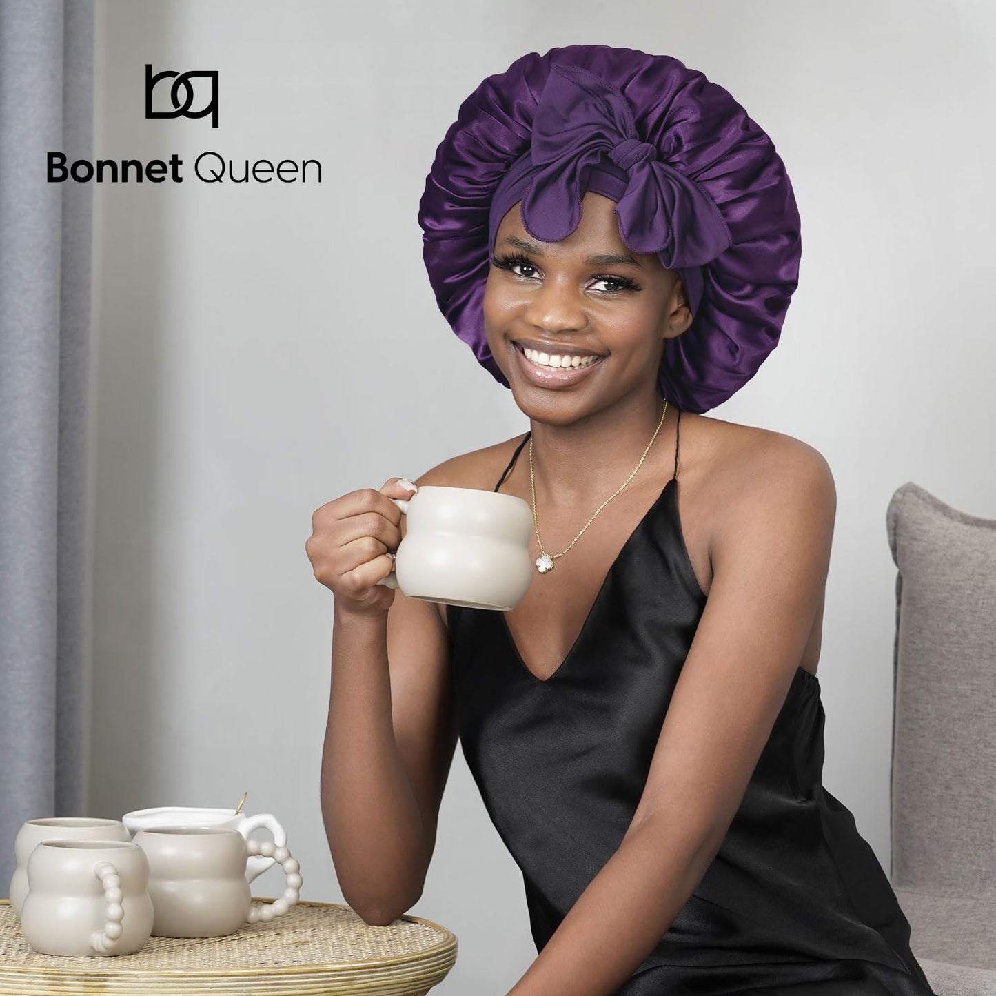 BONNET QUEEN Silk Bonnet for Sleeping Women Satin Bonnet Hair Bonnet Night Sleep Cap Scarf wrap for Curly Hair with tie Band Purple