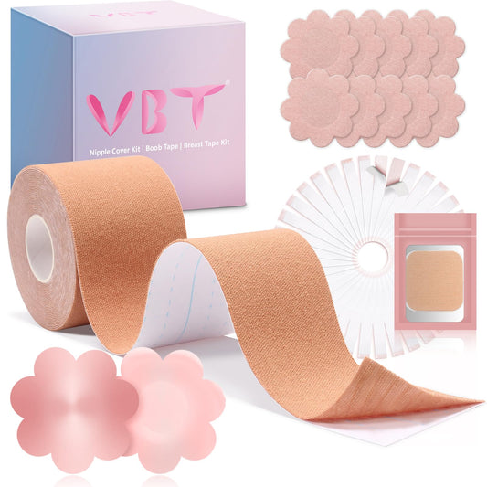 VBT Breast Tape, Replace Bra-Instant Boob Tape, Suitable for A-G, Bob Tape for Breast Lift w 1 Boobtape, 5 Pairs Satin Breast Petals, 1 Pair Silicone Nipple Stickers, 36 PCS Double Sided Tape Beige