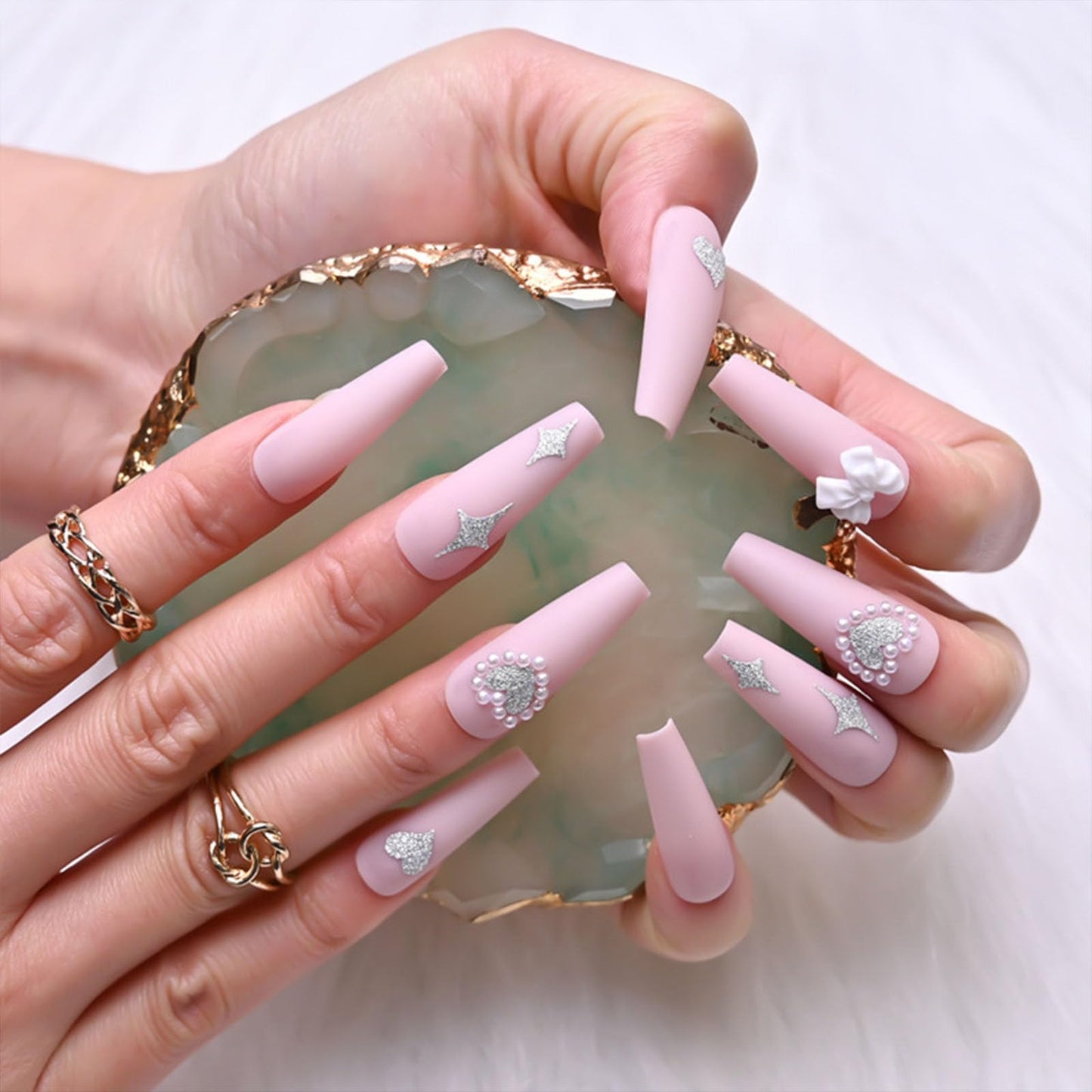 Pink Long Press on Nails Coffin Love Bow-knot Star Acrylic Nails Press ons with Pearl Design Full Cover False Nails with Glue for Women and Girls 24Pcs