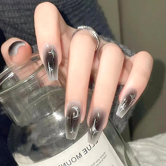 24 Pcs Press on Nails Medium Length Coffin Fake Nails Gray Black False Nails with Star Moon Design Glossy Full Cover Glue Stick on Nails for Women