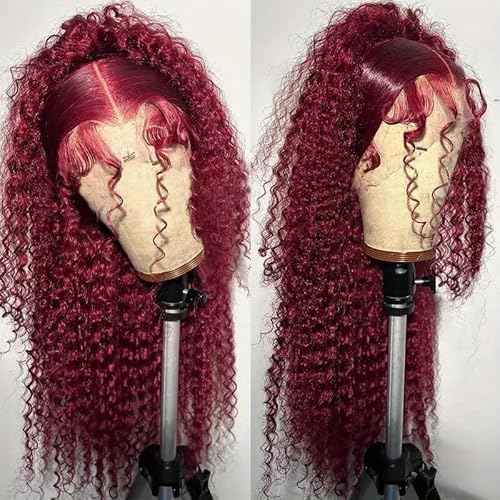 Burgundy Wig Human Hair Hidden Strap 360 Lace Front Wigs Human Hair Deep Wave Invisible Strap Pre Plucked Bleached Knots Glueless Drawstring Curly Human Hair Wig for Women (22inch)