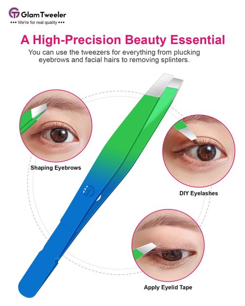 Exclusive G-01 Slant Tip Tweezers, GlamTweeler High Precison Expert Eyebrow and Facial Hair Removal Tweezer with Leather Storage & Carrying Case (Princess Blue & Green)