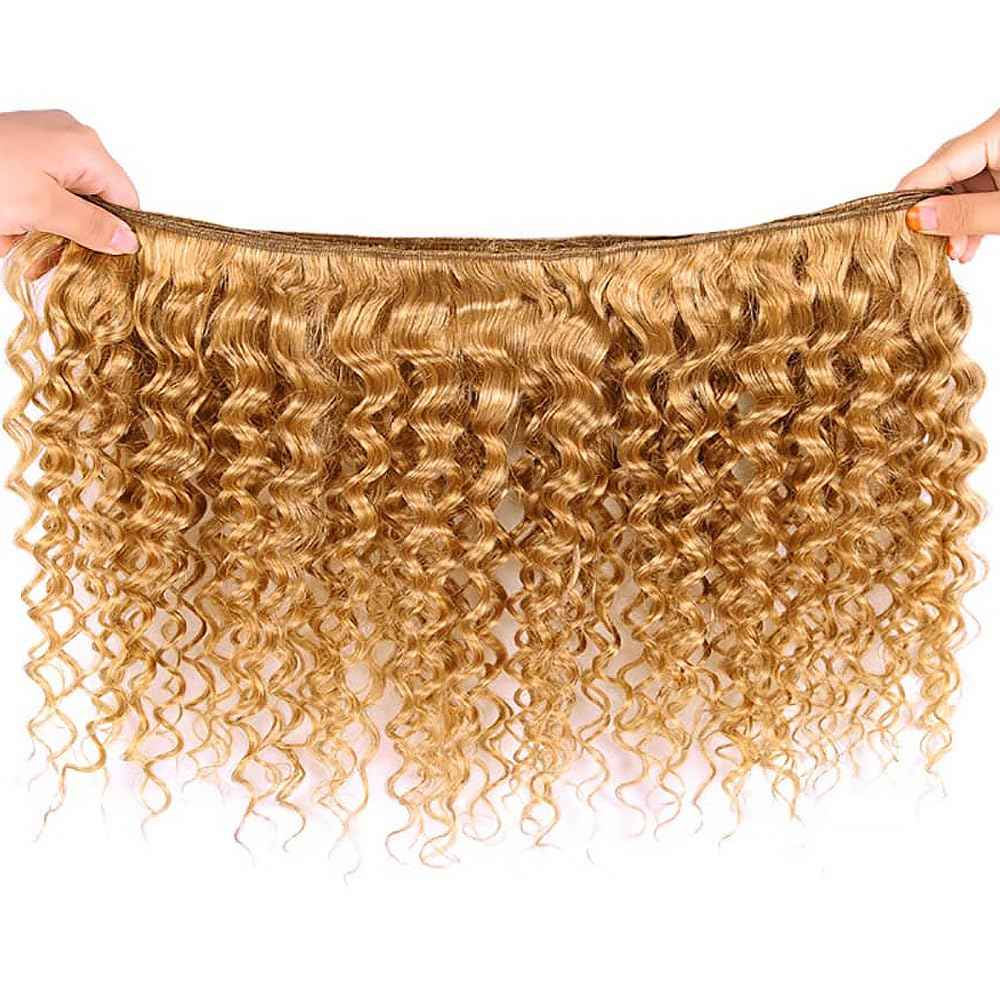 Honey Blonde Human Hair Bundles 16 18 20 Inch Deep Wave Bundles Human Hair Unprocessed Native Virgin Hair 100/PC 3 Extensions #27 Blonde Color Wet and Wavy Human Hair Extensions for Women